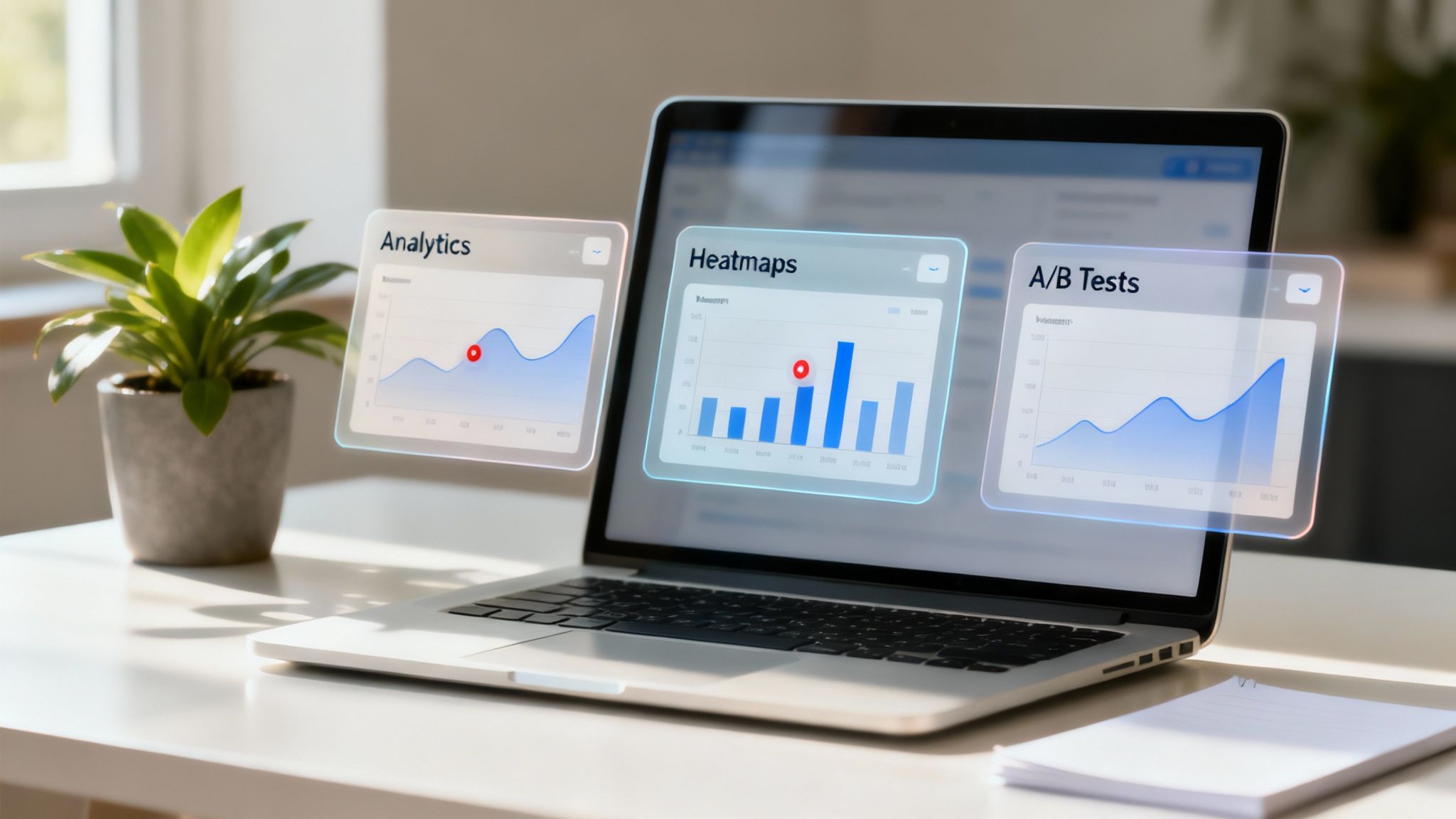 A digital dashboard showing various charts and graphs related to website analytics and conversion rates, illustrating the tools used in CRO.
