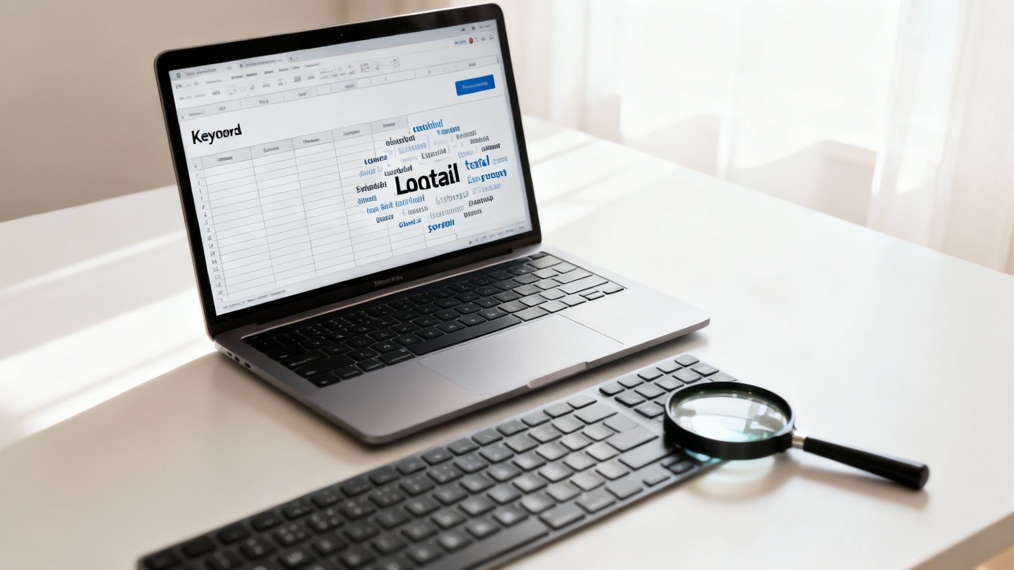 Laptop displaying a keyword spreadsheet and word cloud, with a keyboard and magnifying glass for SEO research.