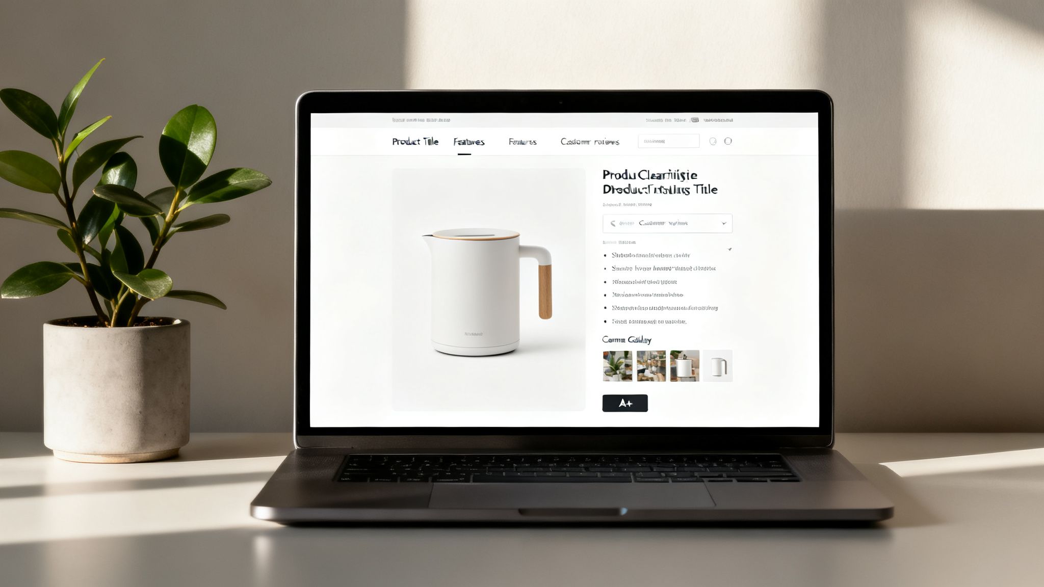 Laptop displaying an e-commerce product page for a white kettle, alongside a green plant on a sunlit desk.