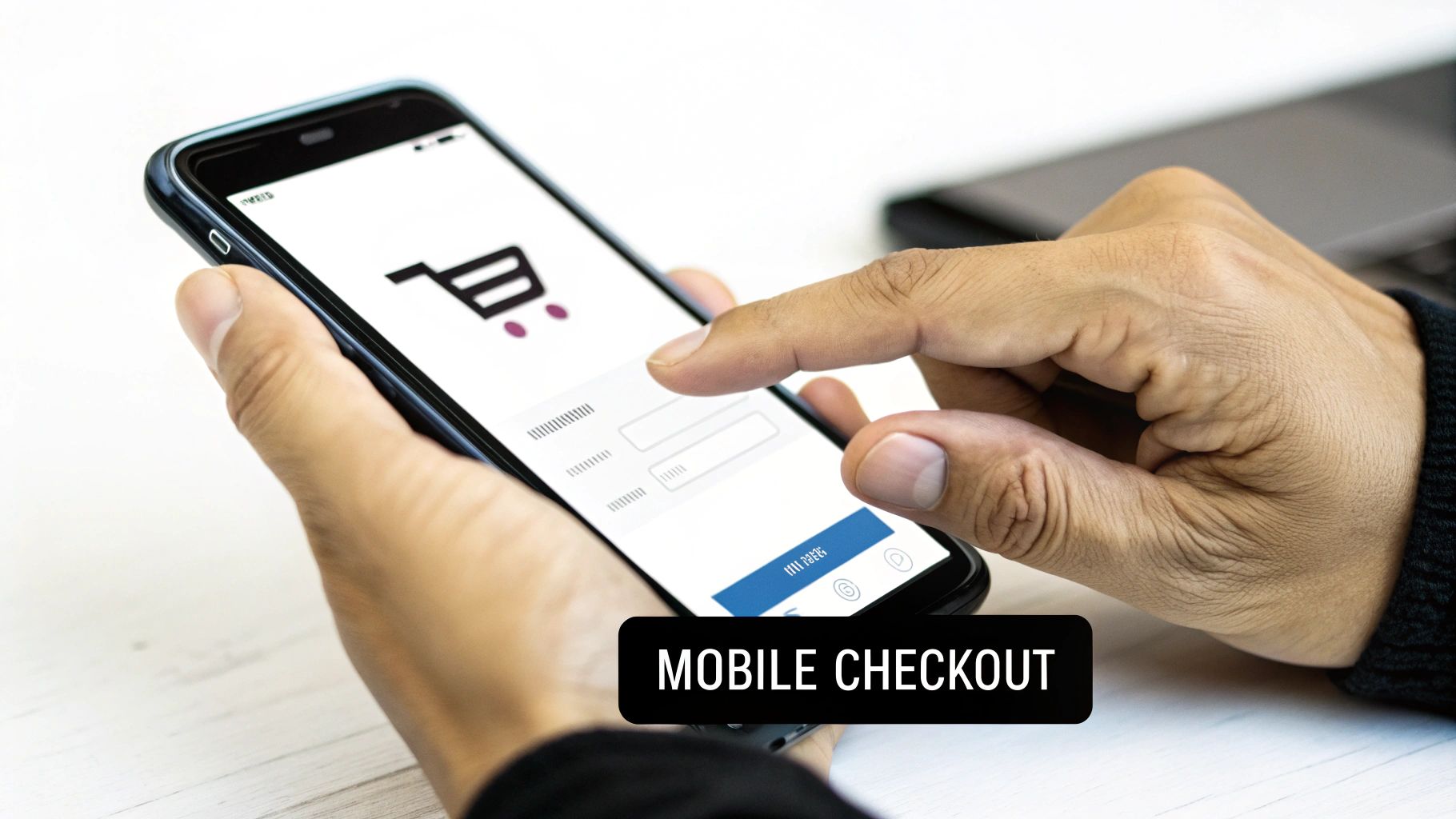 A customer leaving a five-star review on a tablet, symbolizing ecommerce trust.