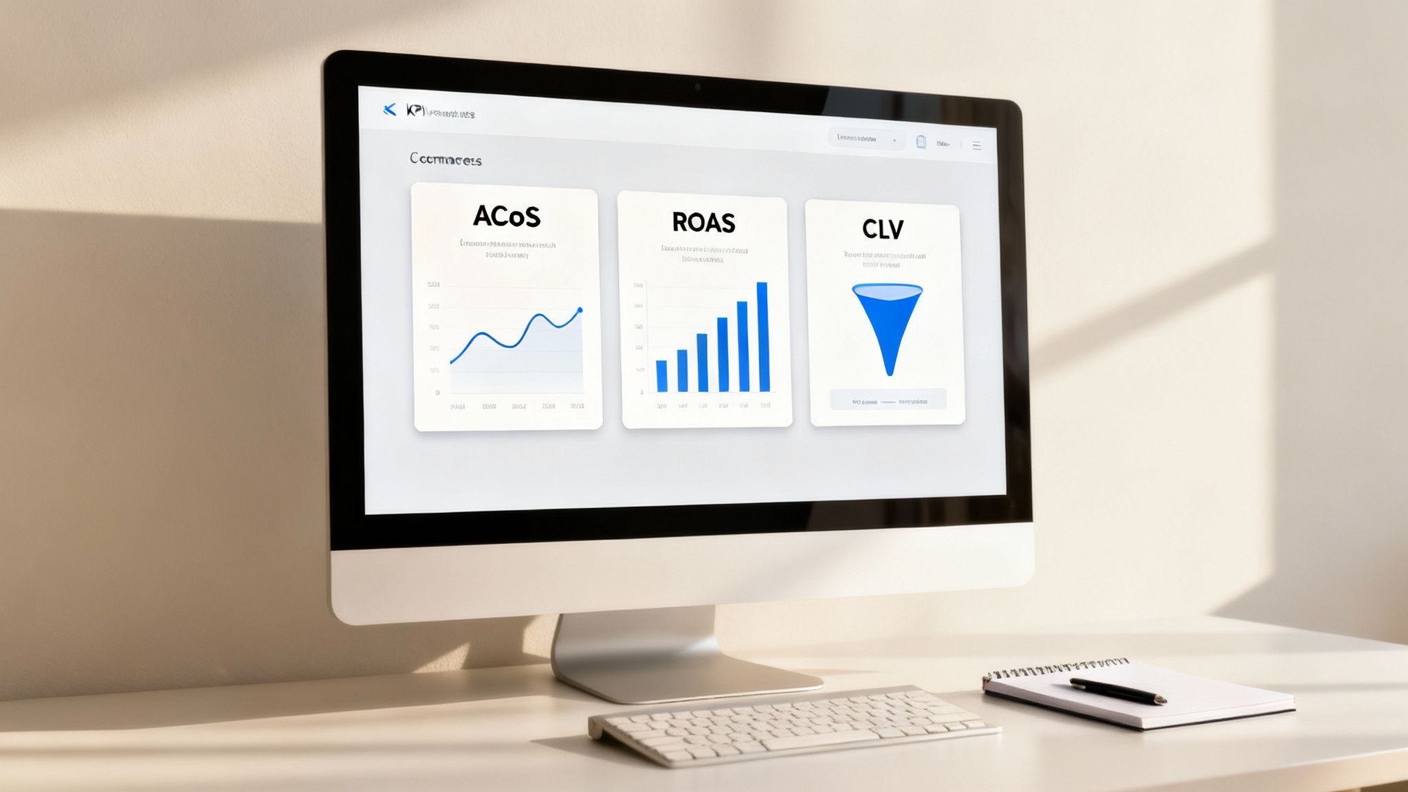 A computer monitor displaying a data-driven digital marketing dashboard with key performance indicators.