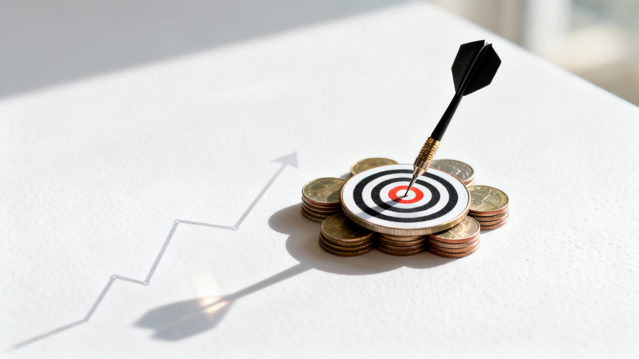 Dart hitting the bullseye on a target board placed on coins, symbolizing financial success and growth.