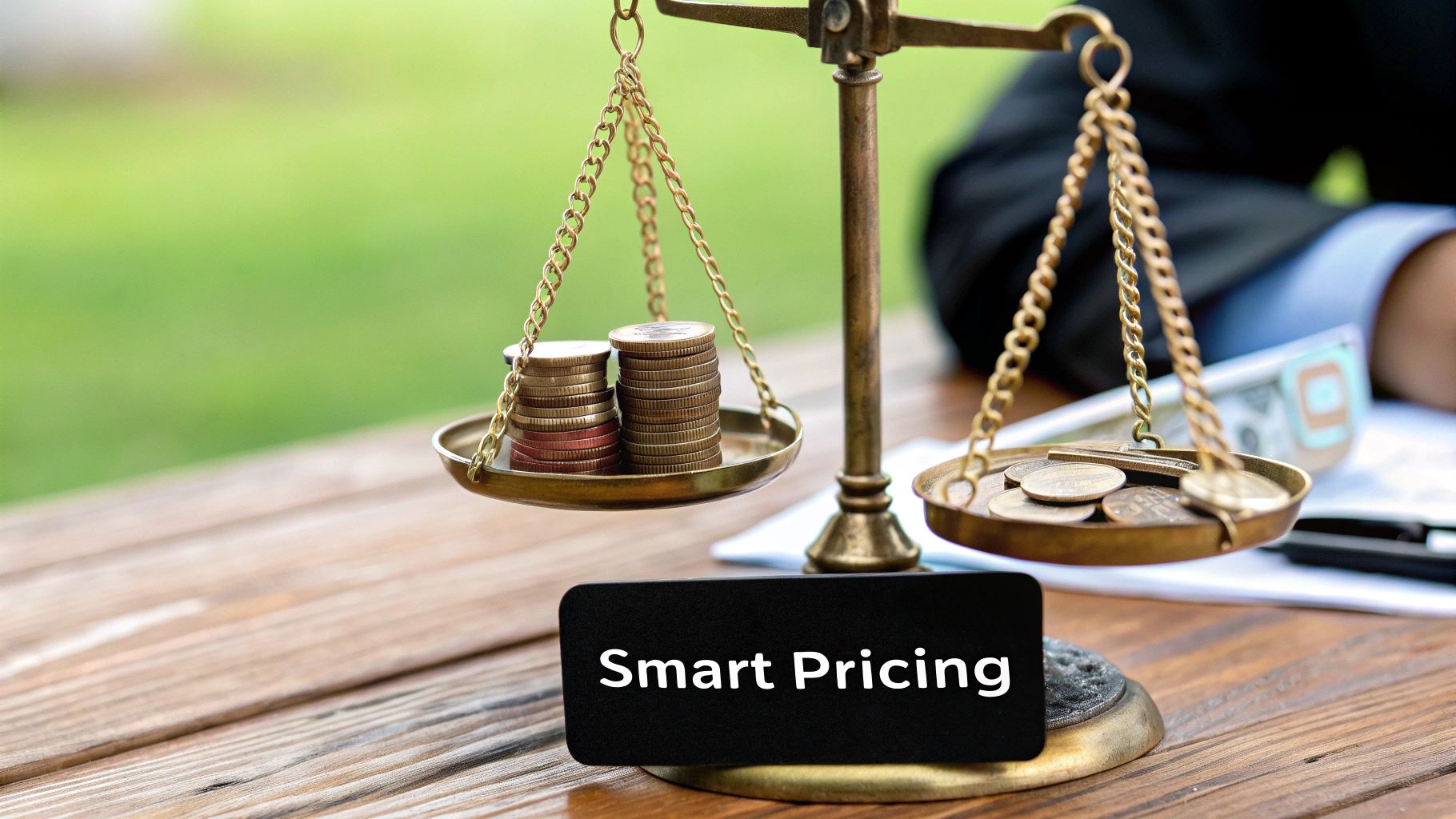 A person using a calculator with product pricing charts and graphs in the background.