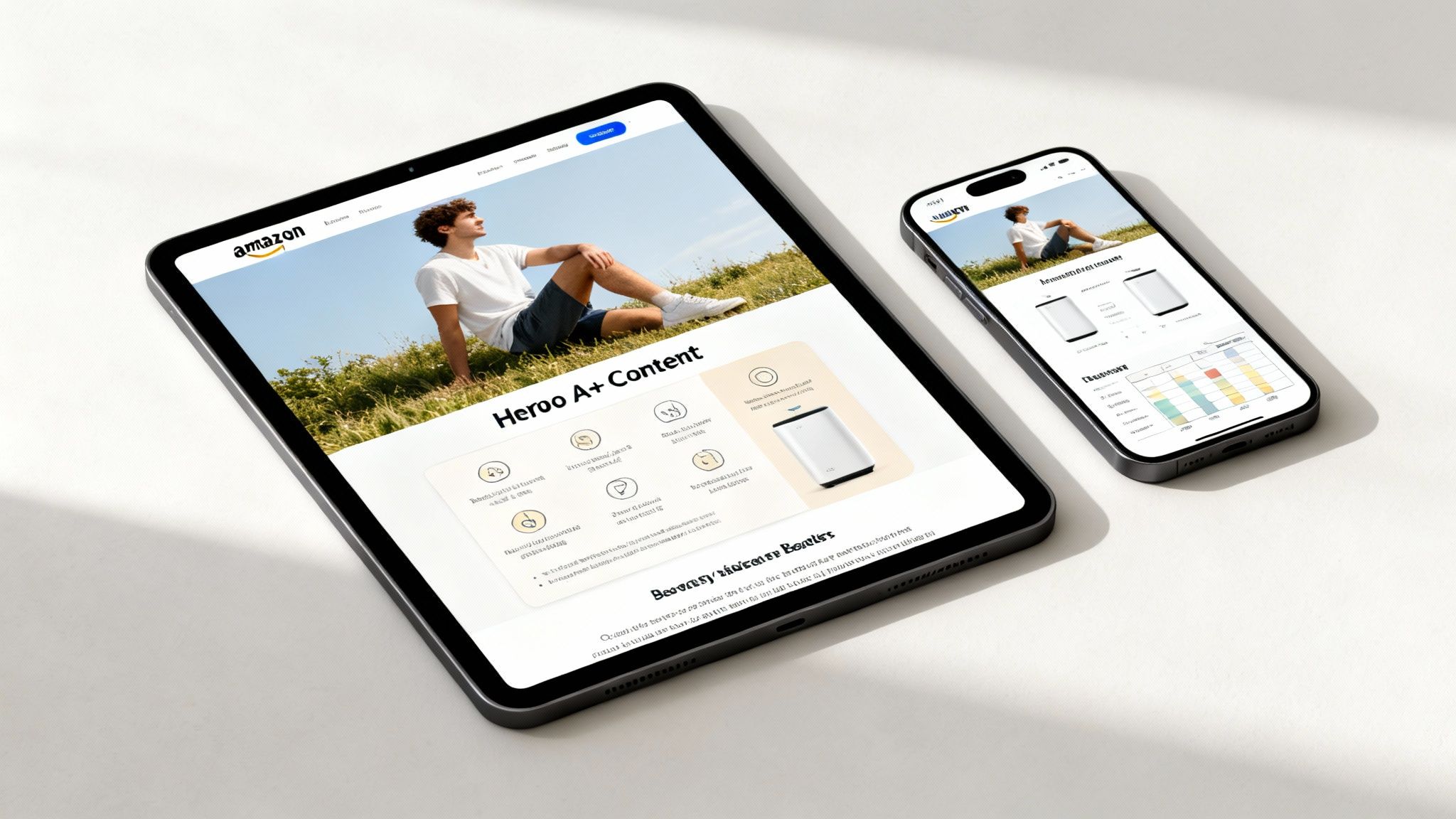 Mockup of Amazon A+ content on tablet and smartphone, highlighting product optimization.