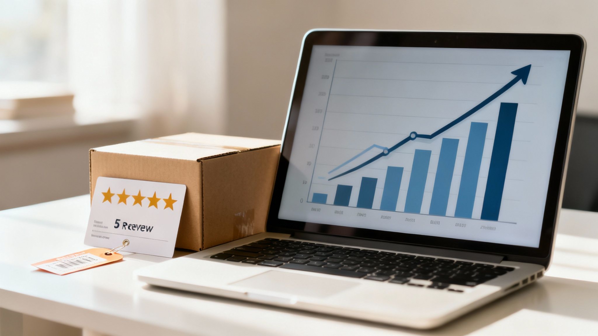 A graph showing upward momentum with icons for pricing and reviews