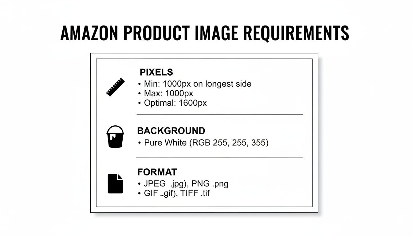 Amazon product image requirements detailing pixel dimensions, pure white background, and supported file formats.