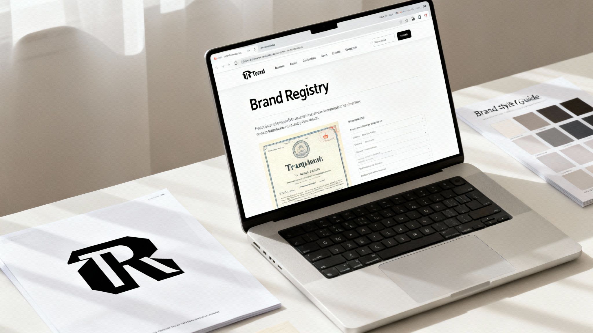 Professional workspace with a laptop showing brand registry, style guide, and logo documents.