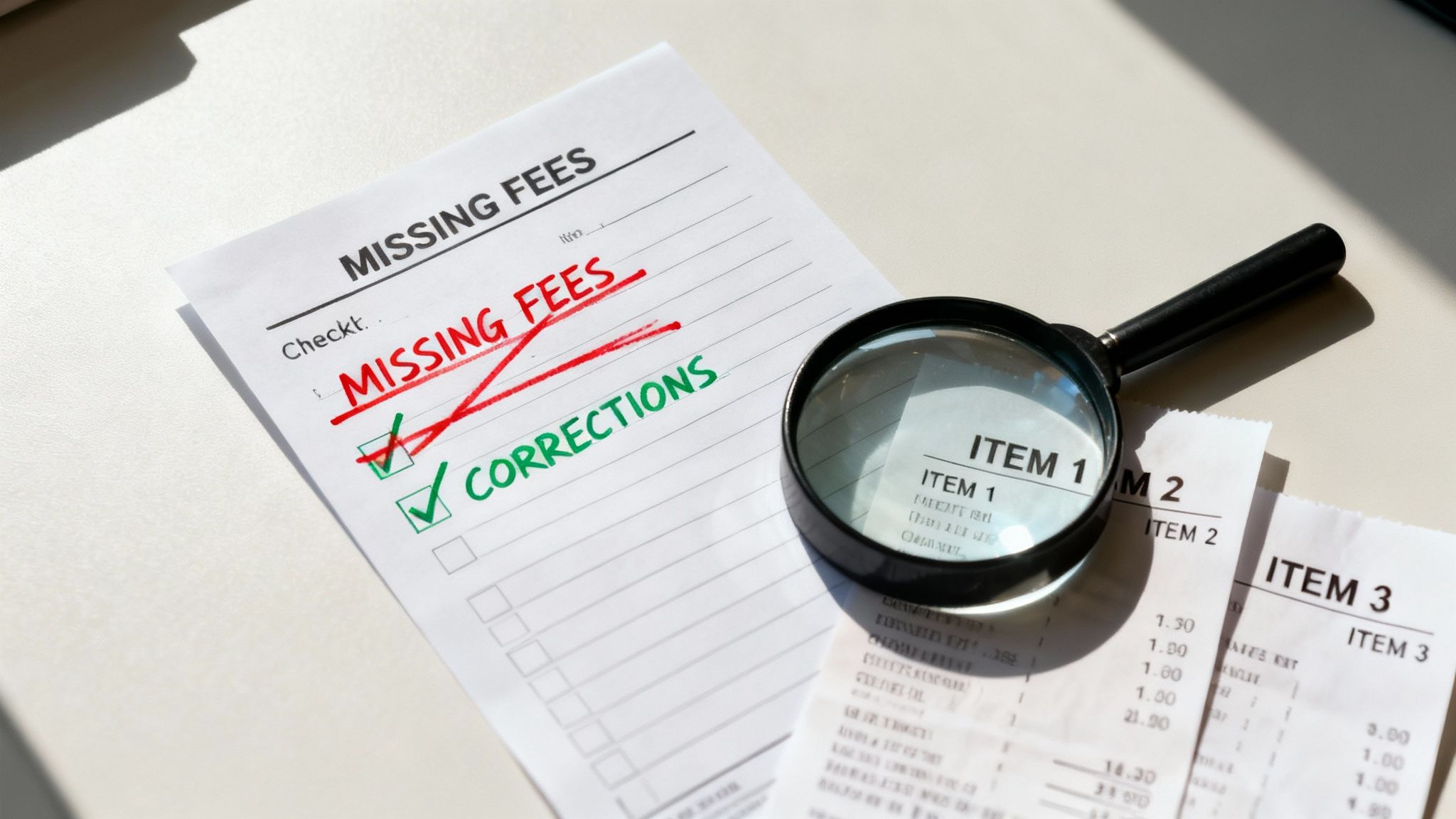 A checklist shows 'MISSING FEES' crossed out and 'CORRECTIONS' checked, with a magnifying glass over receipts.