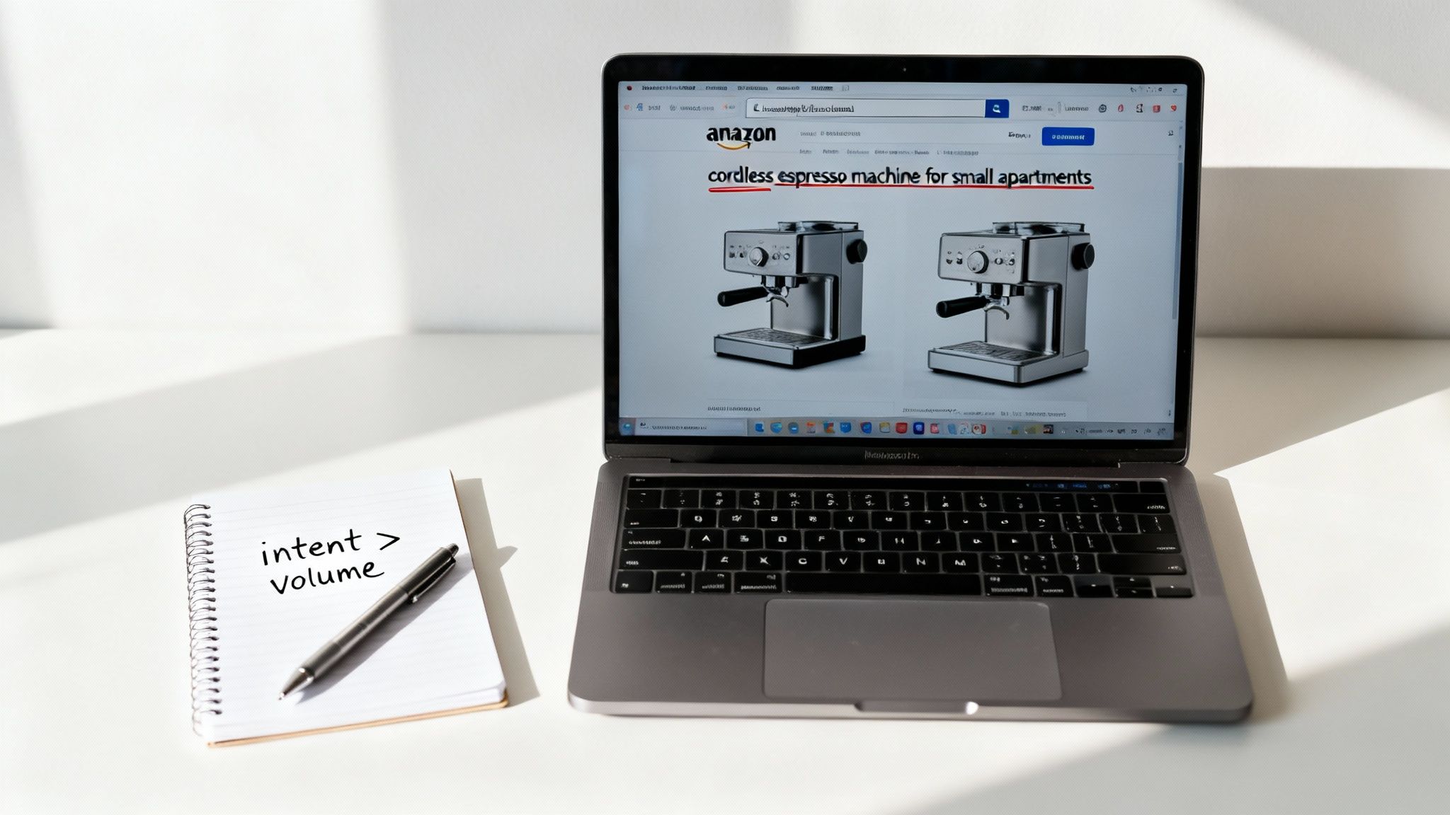 A laptop displaying an Amazon search for 'cordless espresso machine,' with a notepad reading 'intent > volume' and a pen.