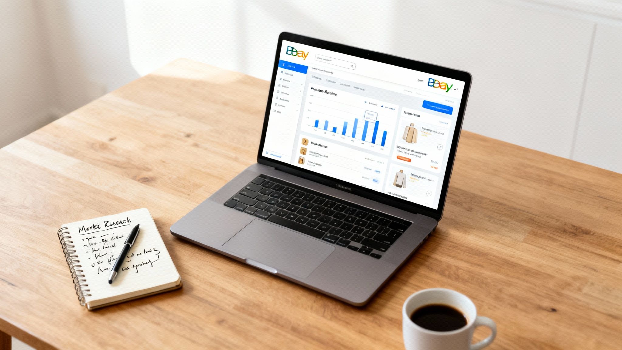 A laptop on a wooden desk displaying eBay sales data, next to a 'Market Research' notebook, pen, and coffee.