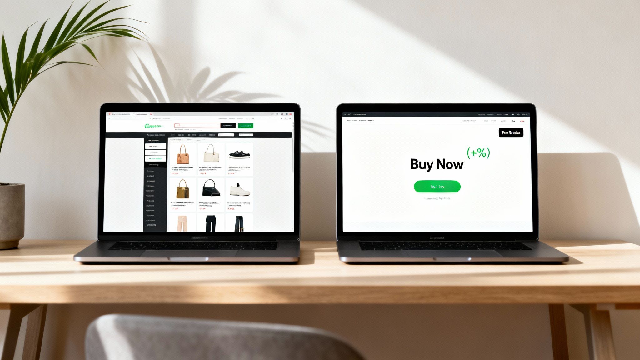 Two laptops on a wooden desk, one displaying an e-commerce site and the other a 'Buy Now' page.