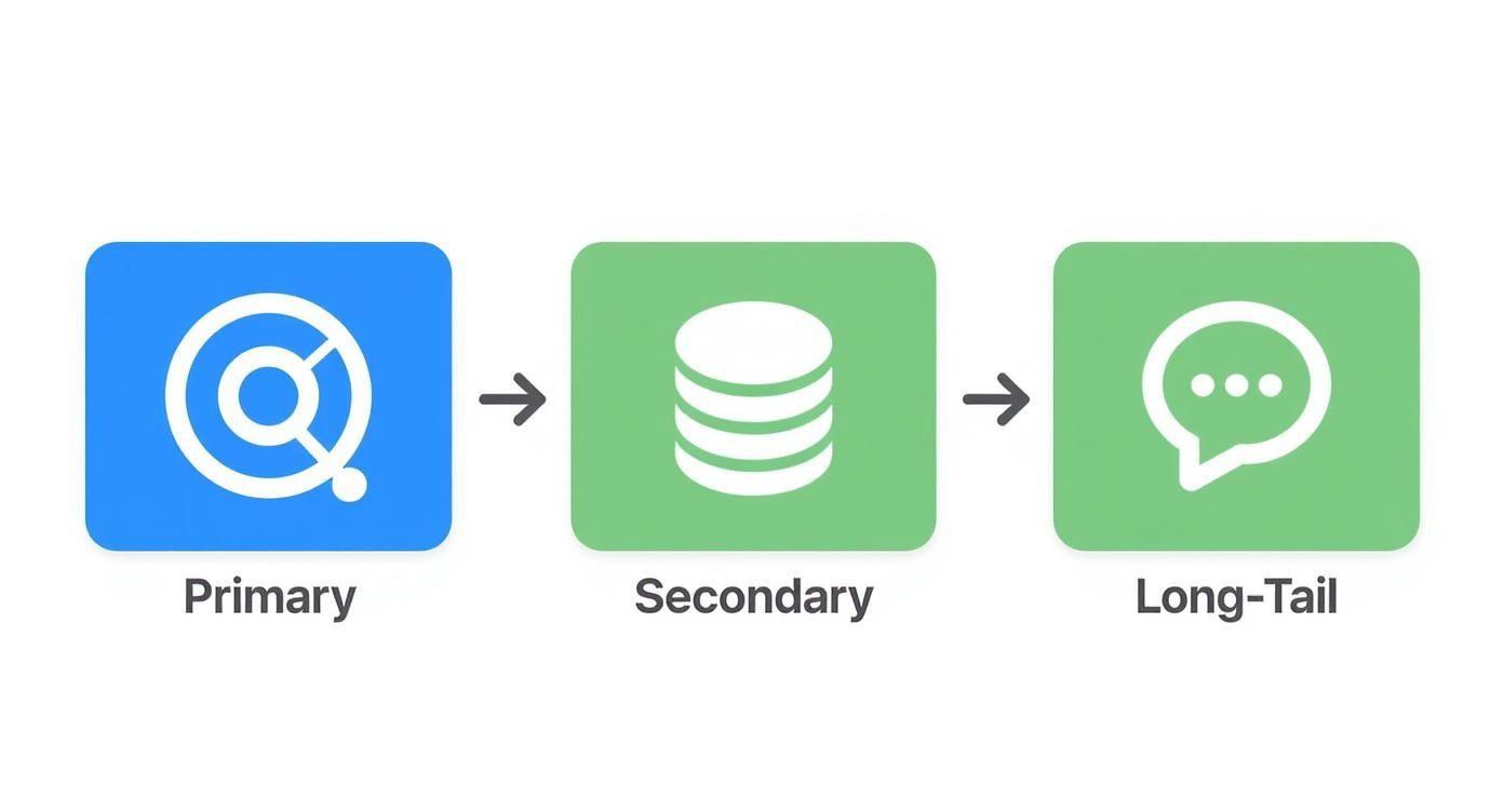 A three-step data flow diagram: Primary (source icon) -> Secondary (database icon) -> Long-Tail (chat bubble icon).