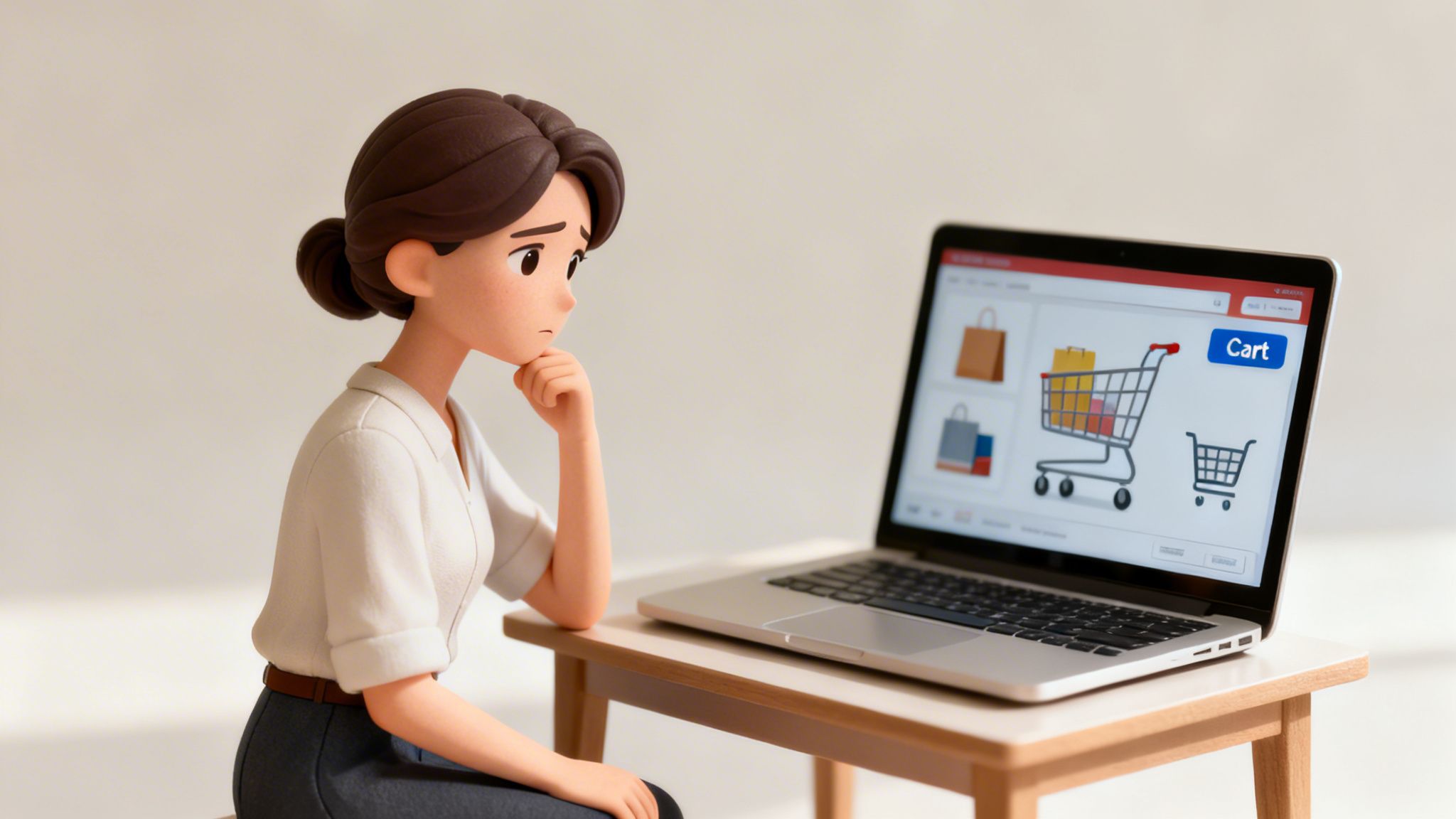 A thoughtful 3D woman examines an online shopping cart on her laptop, considering a purchase.