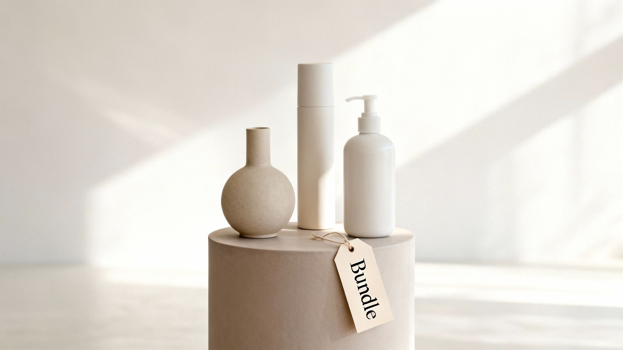 A minimalist photo of three neutral-toned cosmetic bottles on a pedestal with a 'Bundle' tag.