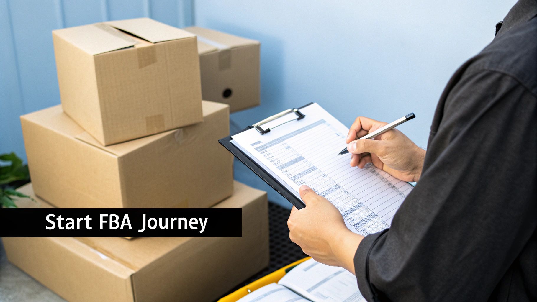 A person packing a box with products to ship to an Amazon fulfillment center.