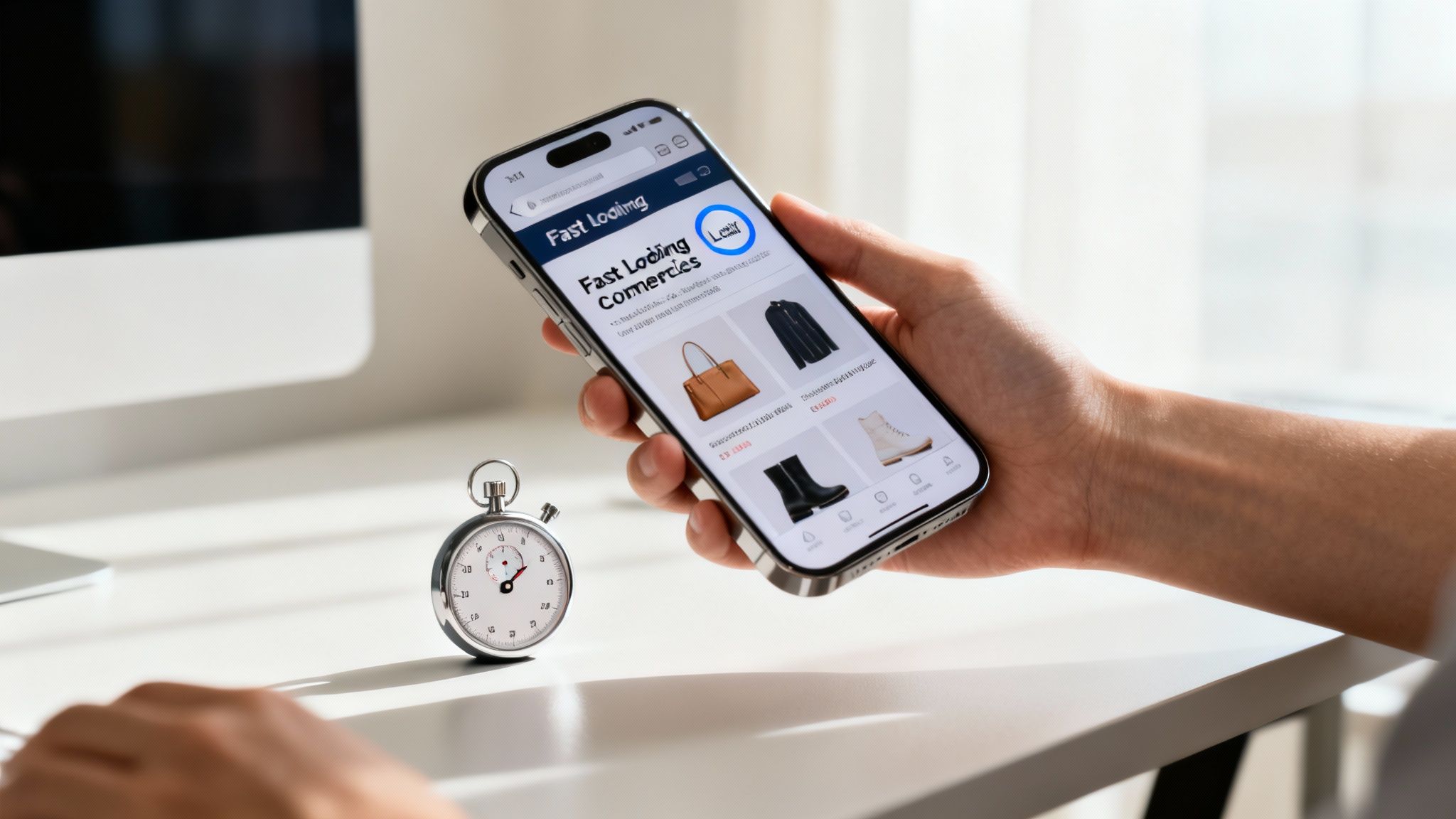 A hand holds a smartphone displaying a fast e-commerce website with fashion items next to a stopwatch.