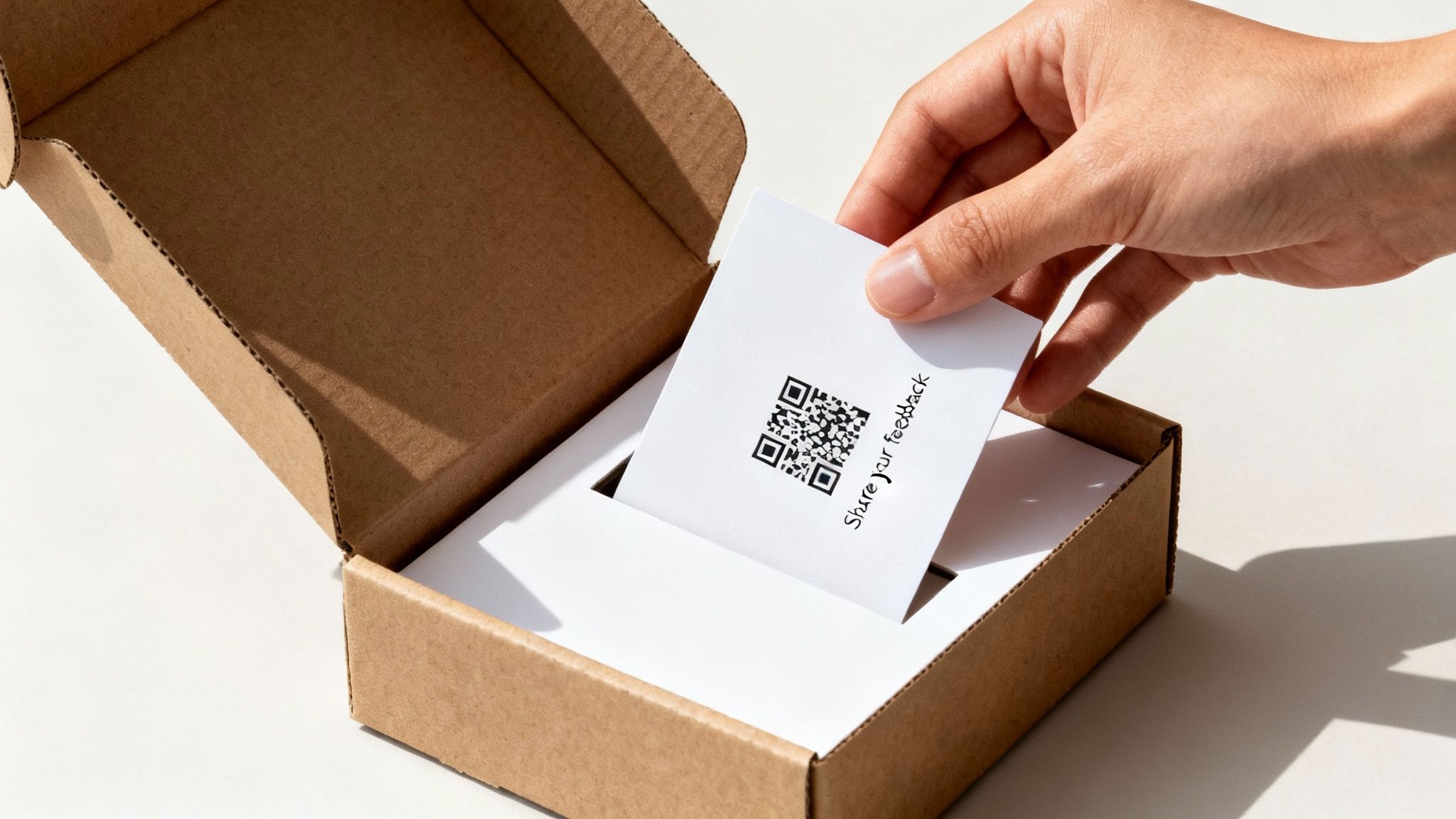 A hand placing a "Share your feedback" card with a QR code into a brown box.