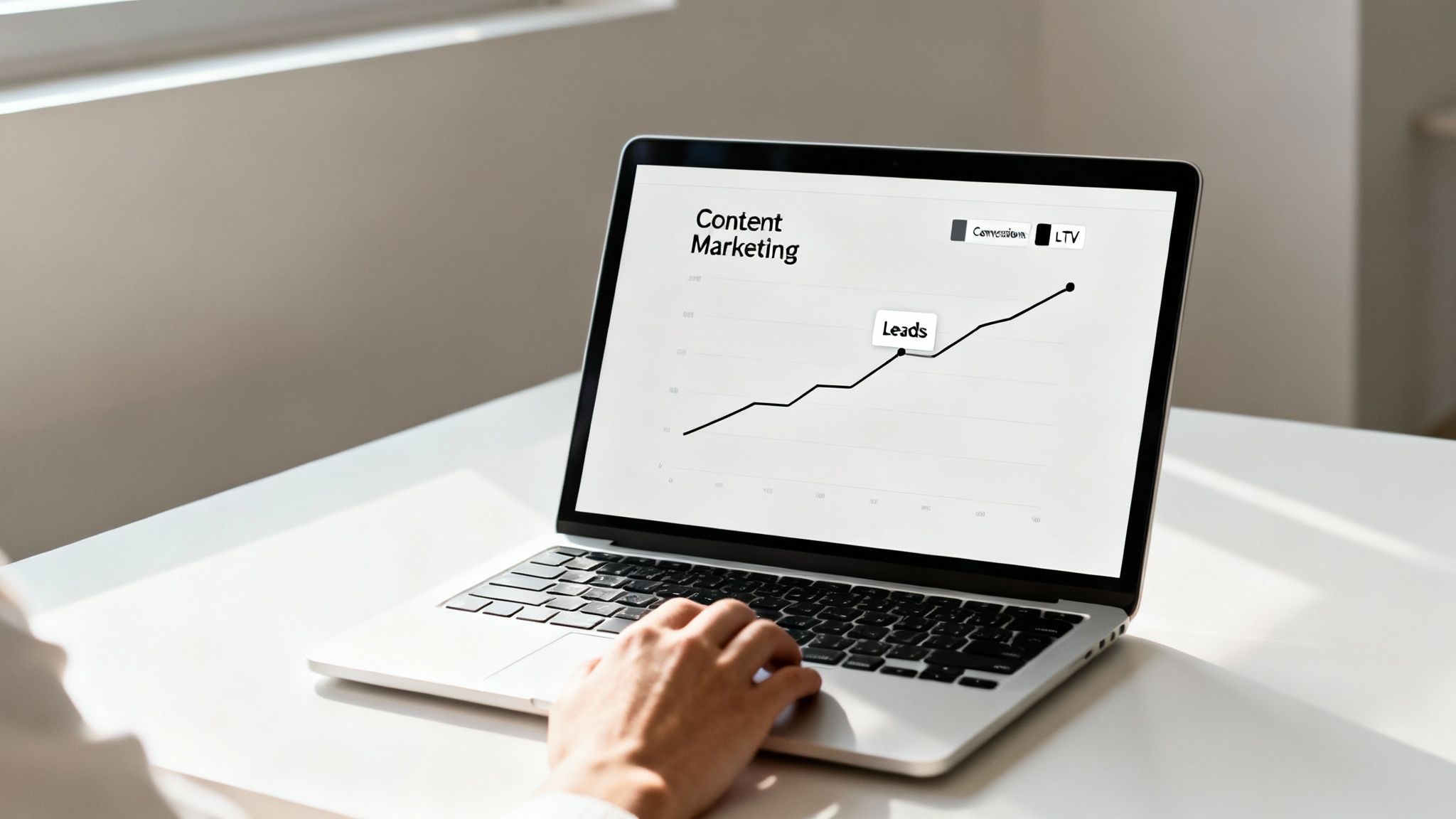 A person's hand on a laptop showing a content marketing graph with increasing leads.