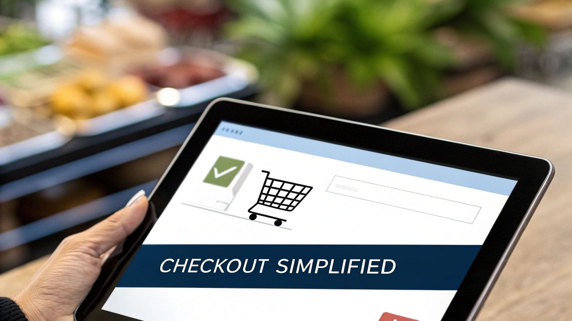 A visually clean and simple ecommerce checkout page on a tablet, showing clear steps and trust seals.