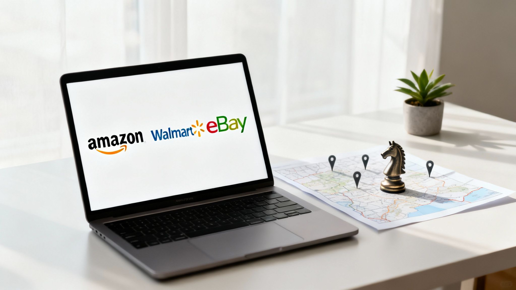 Laptop displaying Amazon Walmart eBay logos with map and chess piece representing ecommerce marketplace strategy