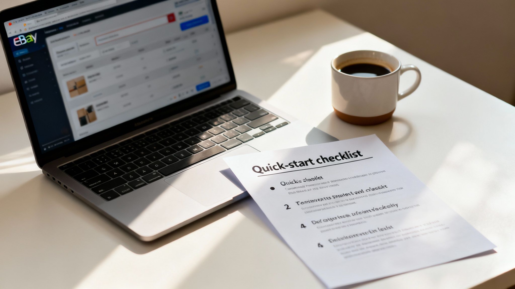 A laptop displaying the eBay website next to a quick-start checklist and a coffee mug.