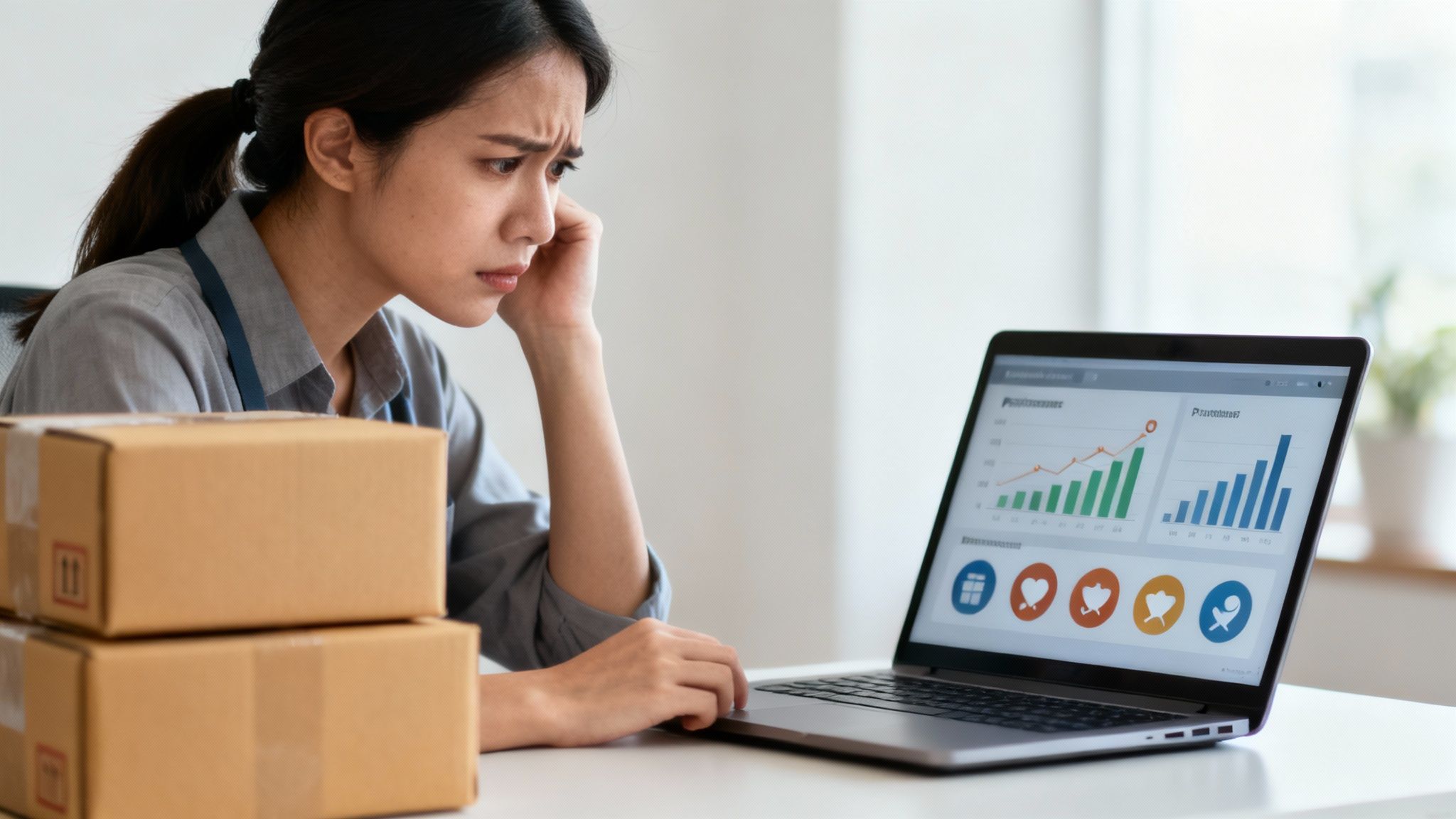 A concerned young Asian woman, an online seller, looking at business analytics on her laptop with shipping boxes.