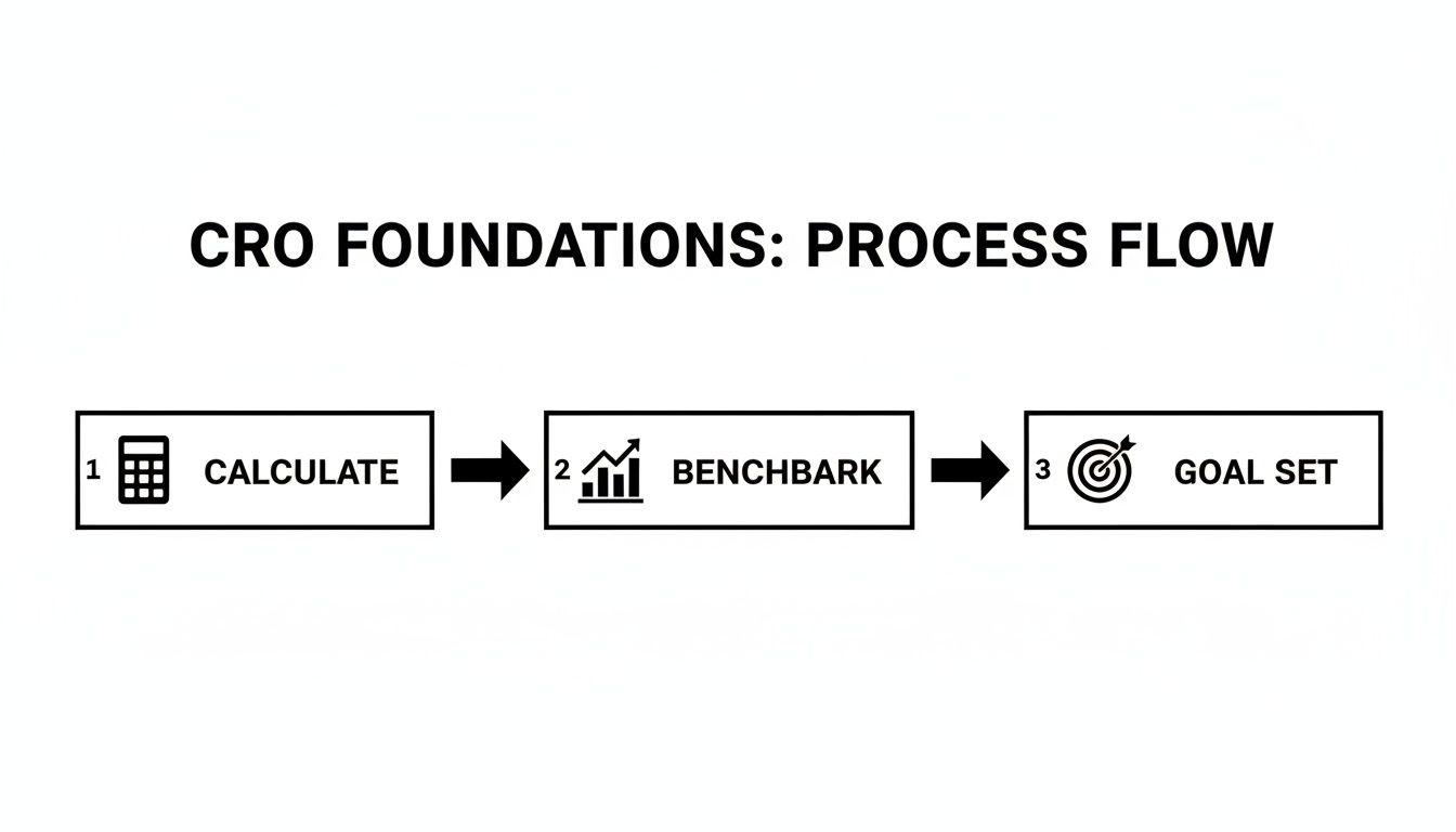 CRO Foundations process flow diagram showing three steps: calculate, benchmark, and goal set.