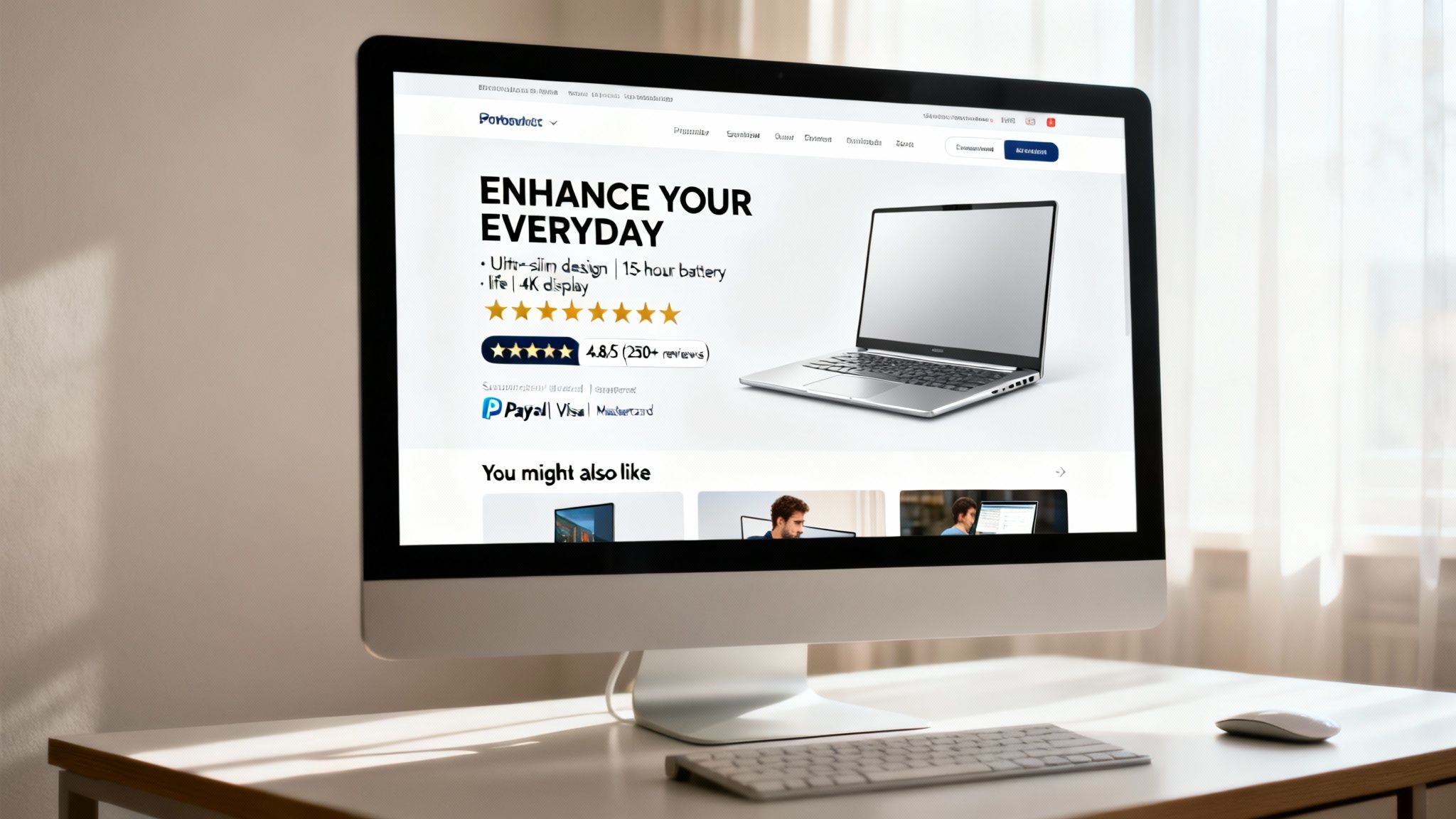 A modern desktop computer displays an e-commerce product page featuring a sleek silver laptop.