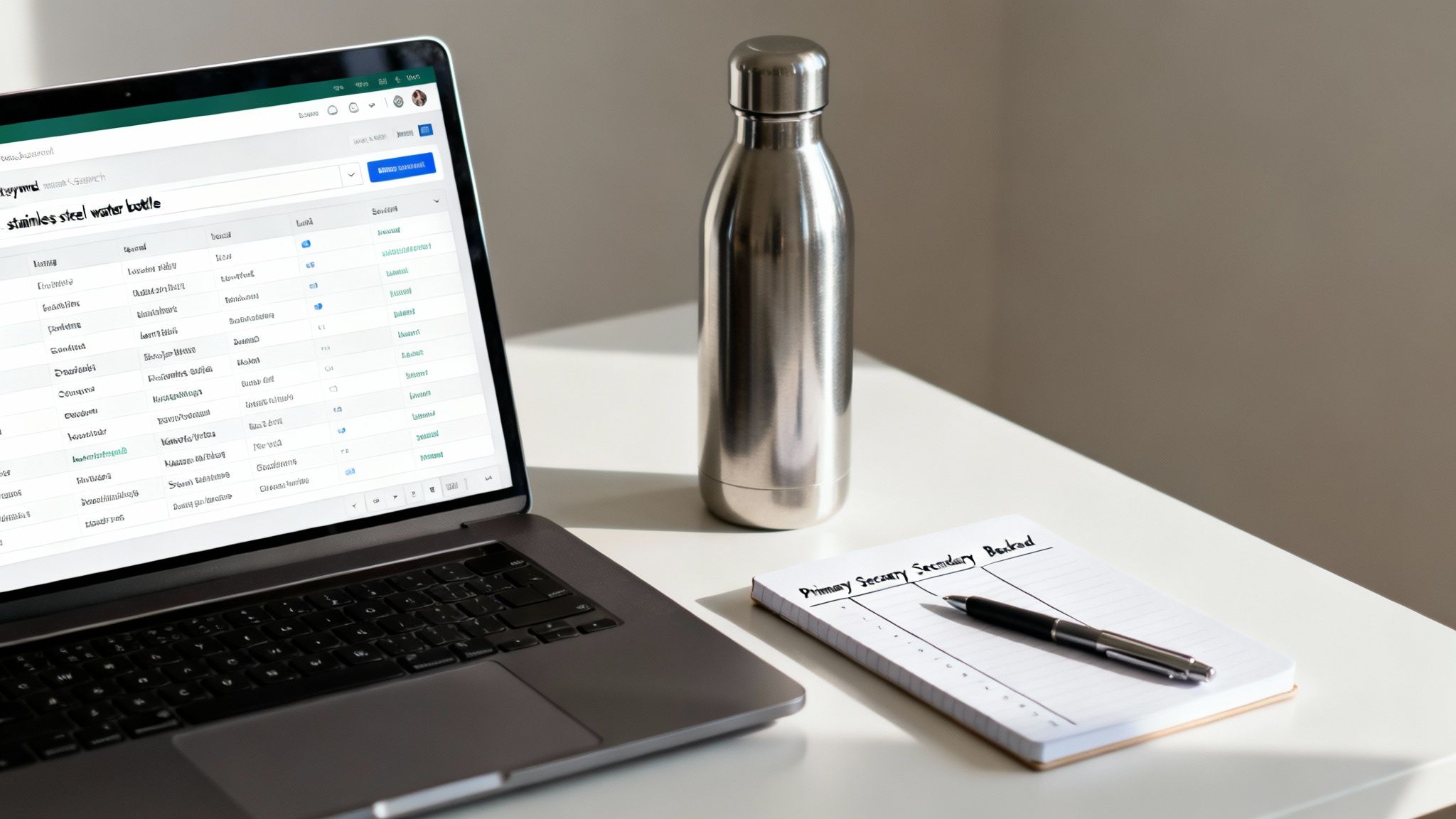 A laptop showing 'stainless steel water bottle' search results on a desk with a metal bottle and notebook.