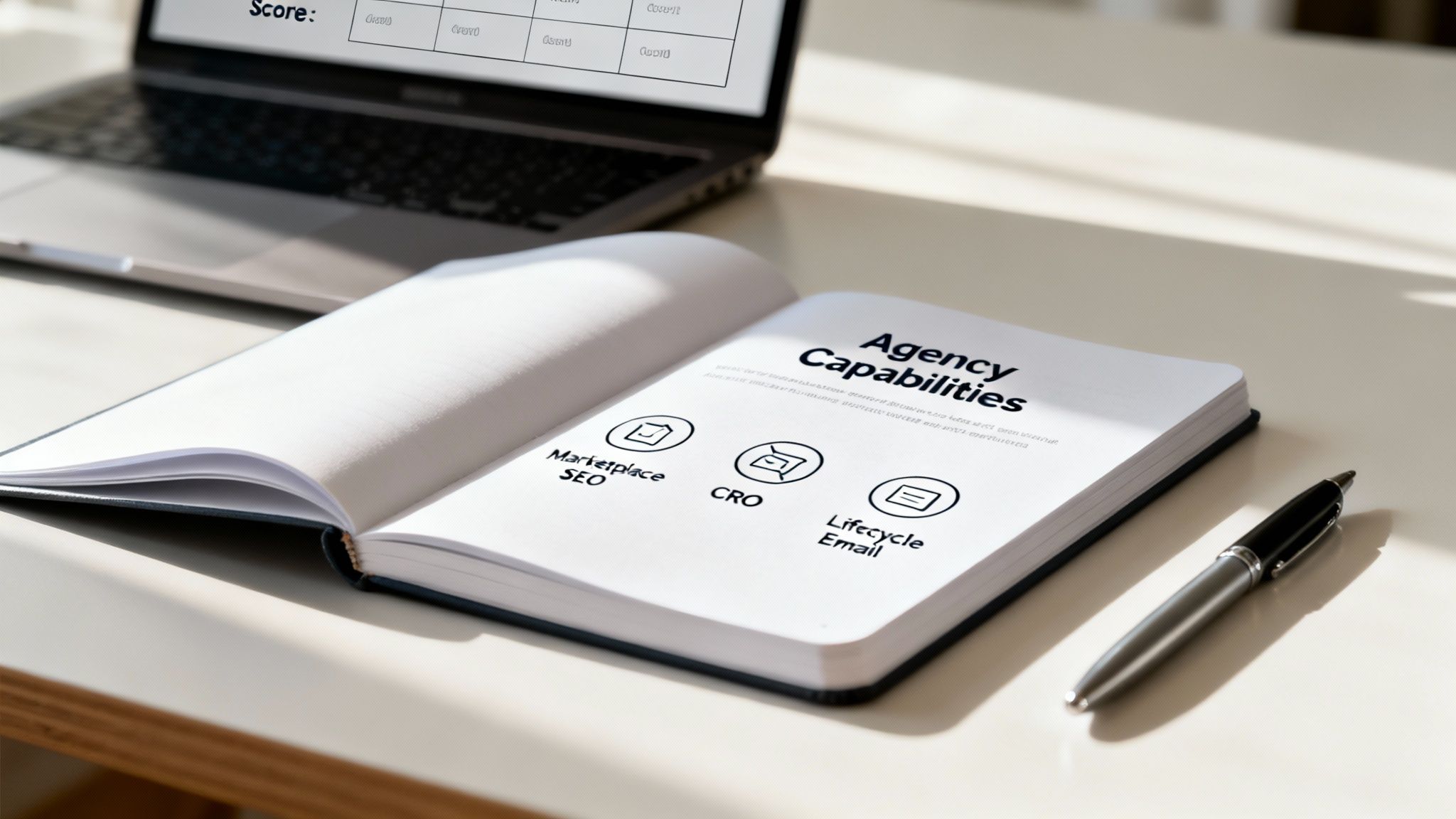 Open notebook on a desk displaying 'Agency Capabilities' with digital marketing services: SEO, CRO, and Email.
