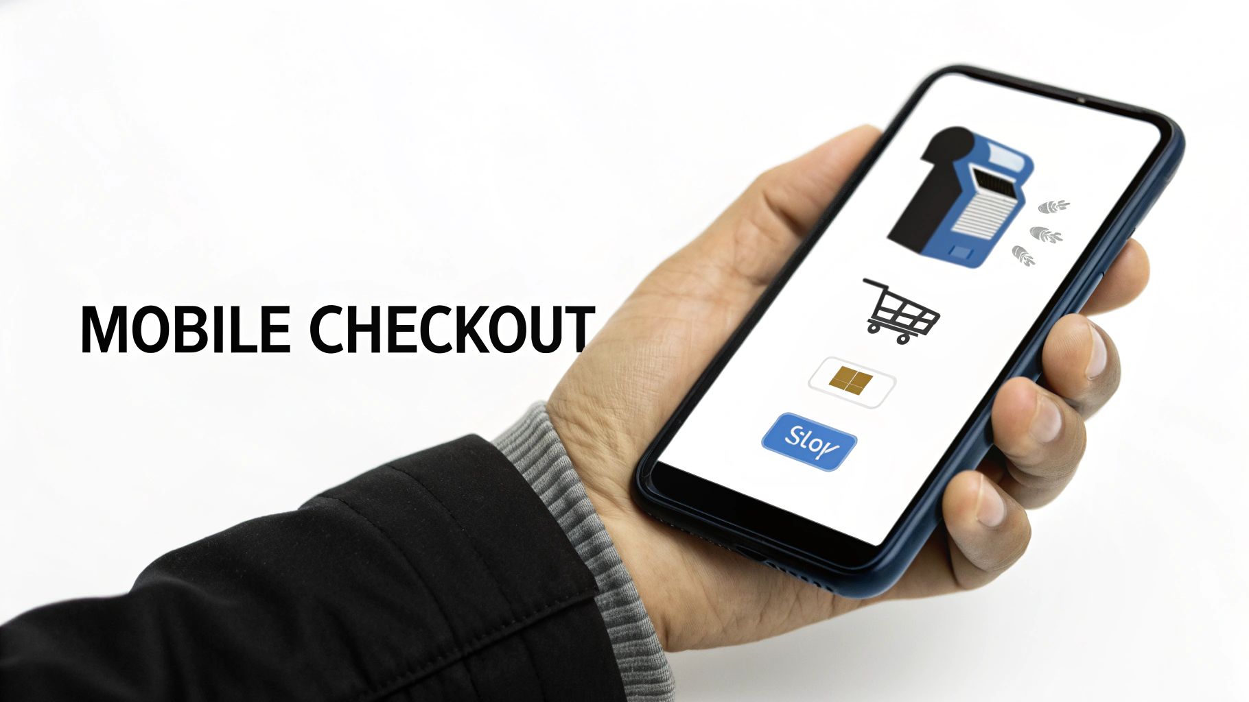 A person holding a smartphone and making a purchase online, with shopping icons in the background.