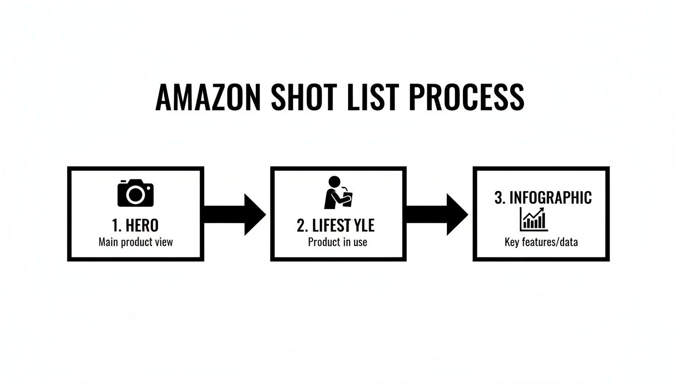 Flowchart outlining the Amazon shot list process with steps for Hero, Lifestyle, and Infographic images.