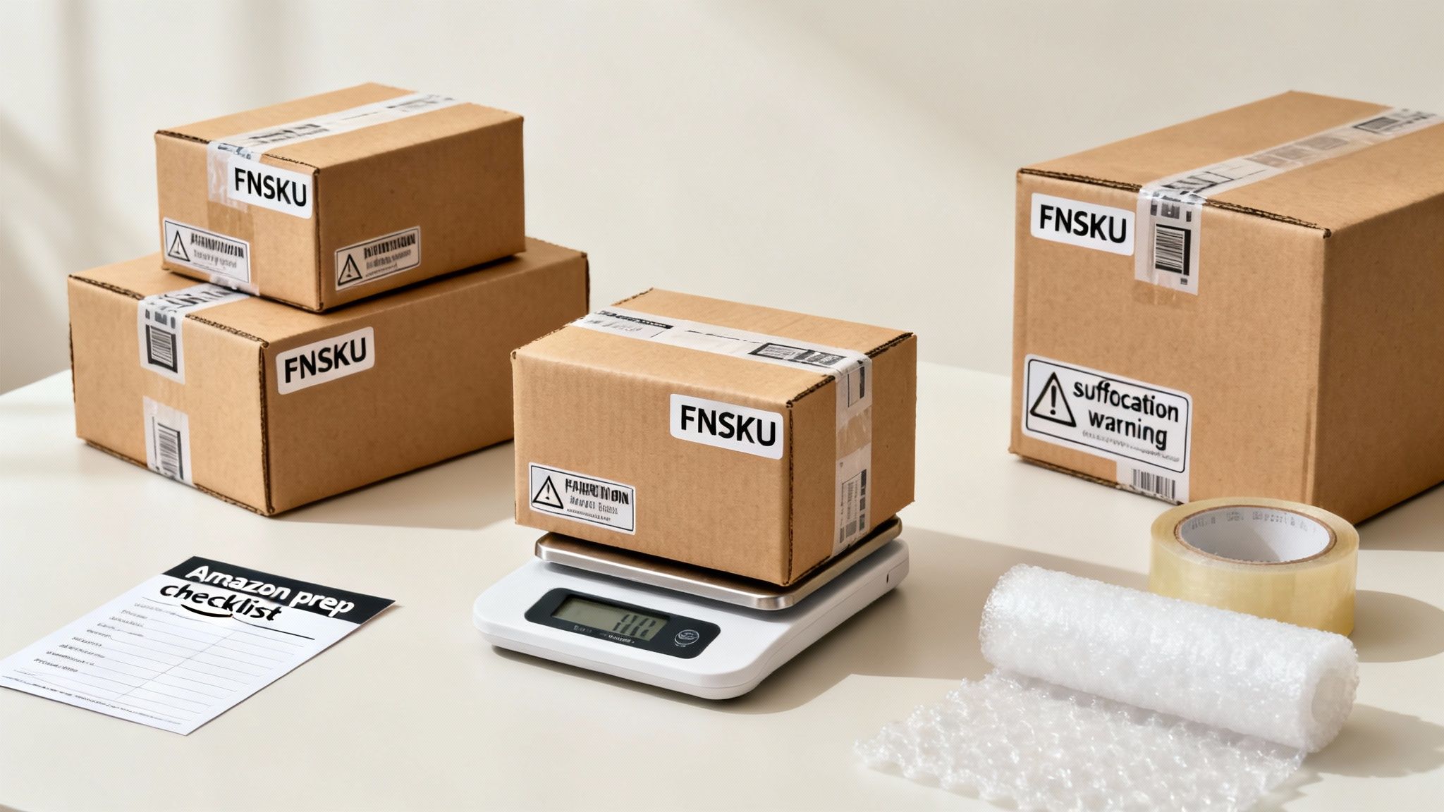 Amazon FBA prep station with FNSKU labeled boxes, a scale, bubble wrap, and a checklist.