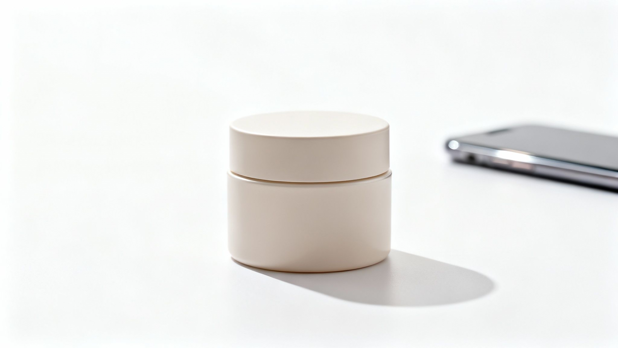 A minimalist light beige cream jar with a lid on a clean white surface. A smartphone is blurred in the background.
