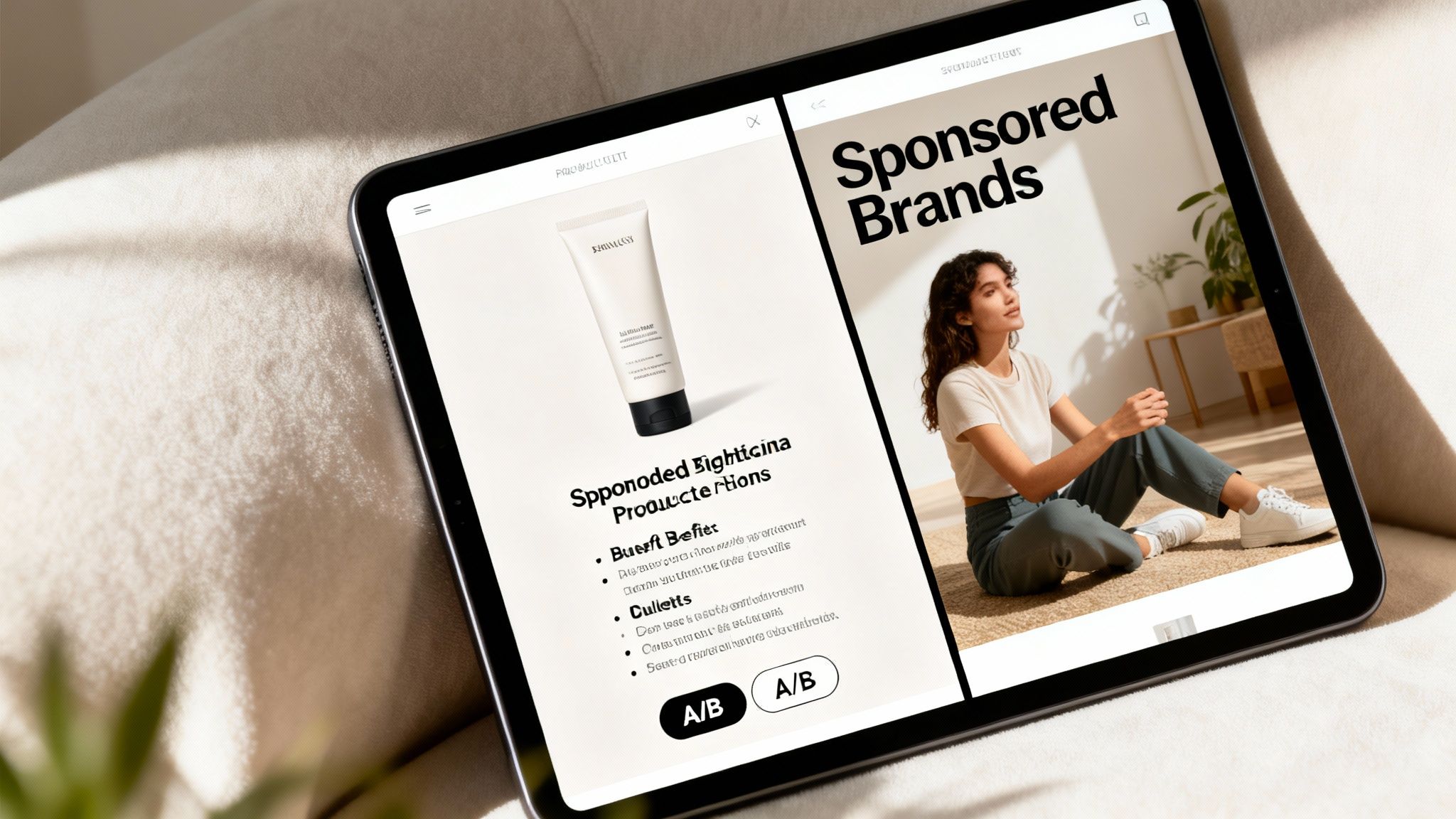 A tablet on a soft surface displays sponsored product listings and brand advertisements.