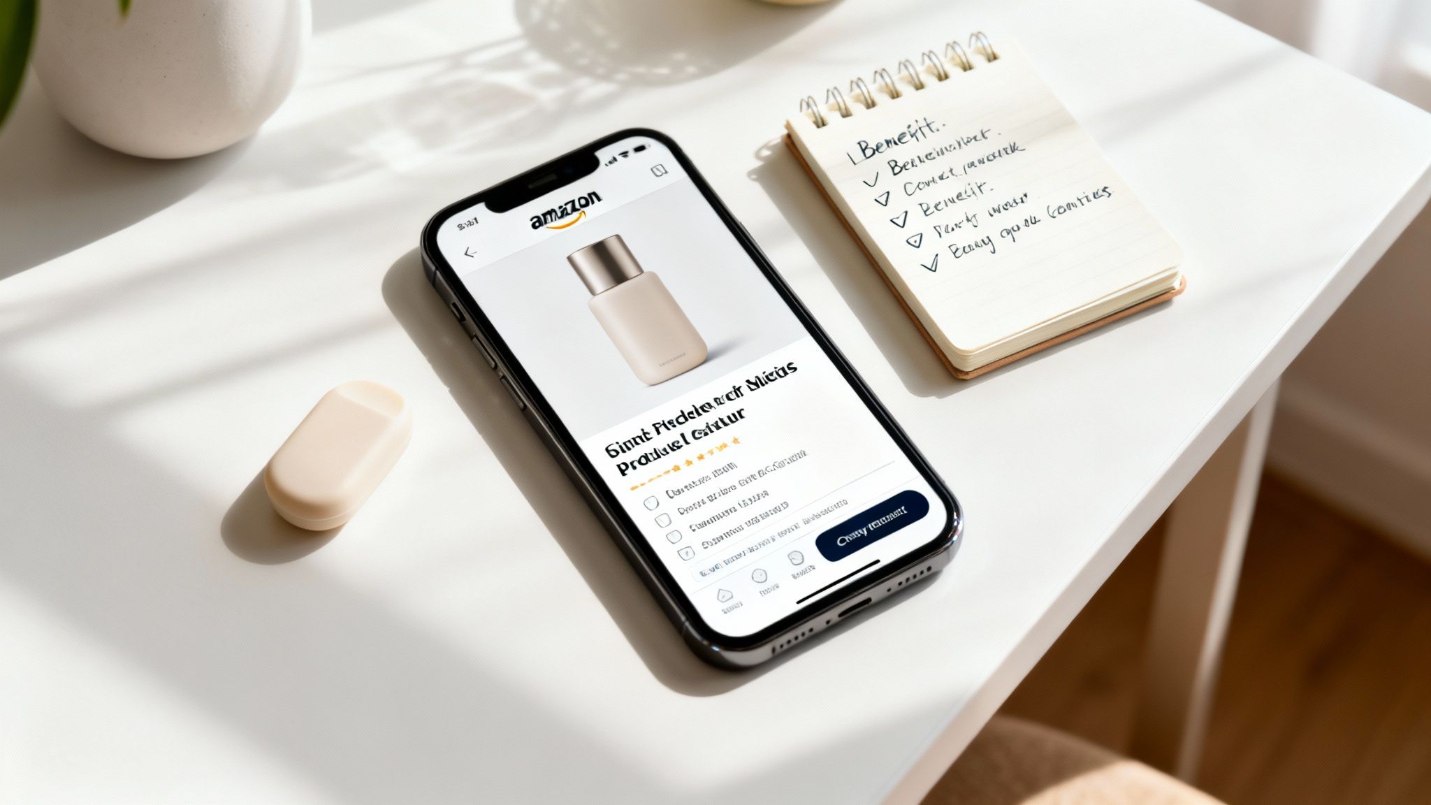 A smartphone displaying an Amazon product listing for a cosmetic bottle, next to a checklist notebook.