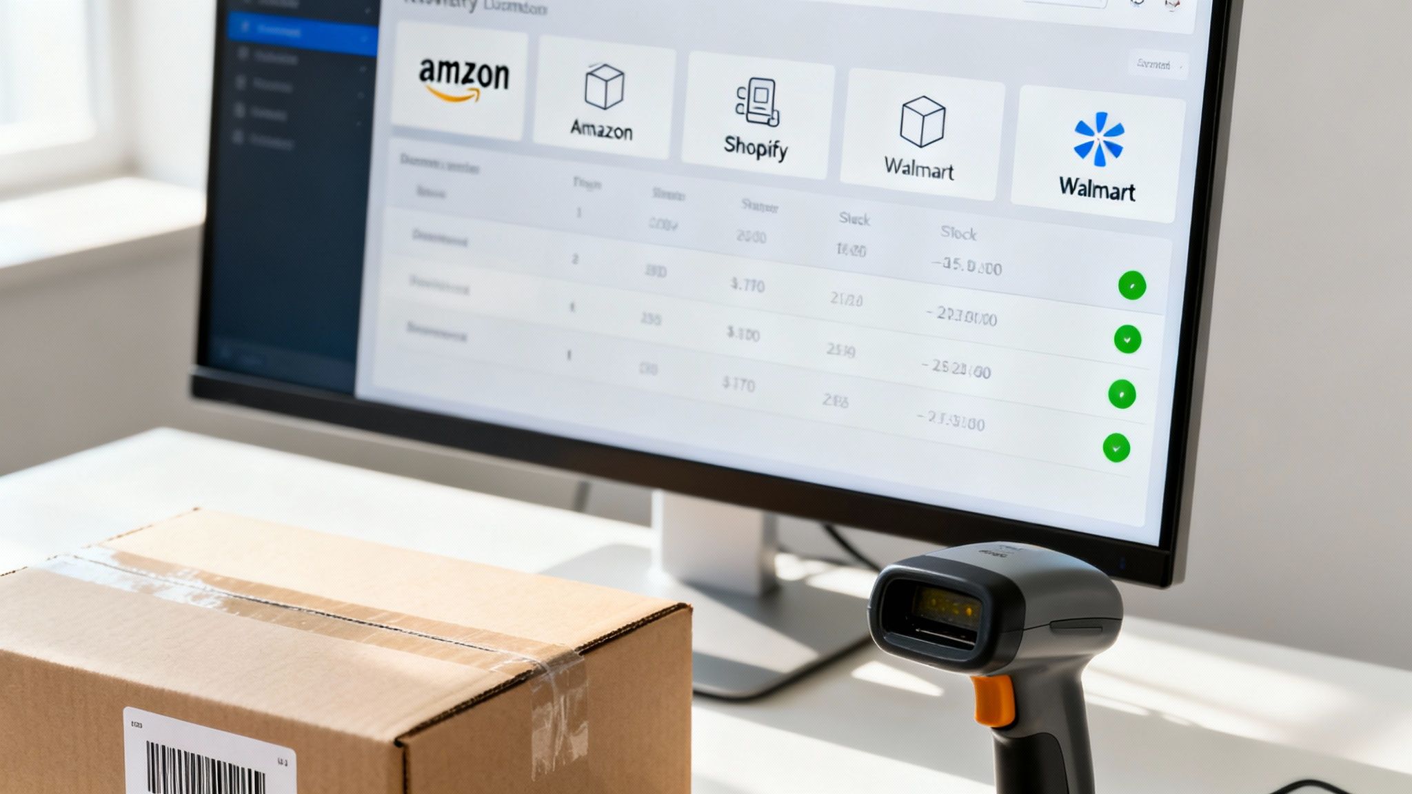 A barcode scanner and a shipping box on a desk, with e-commerce inventory management software on a computer screen.