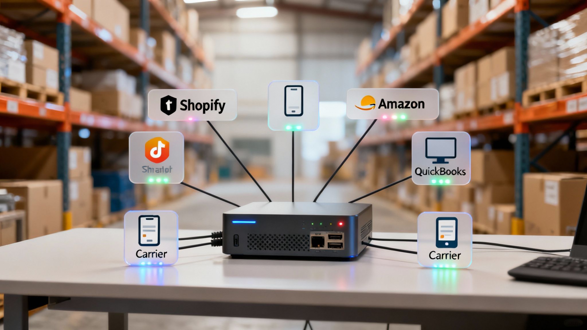 A central device in a warehouse connects to digital icons for e-commerce platforms like Shopify, Amazon, and QuickBooks, representing integrated inventory management.