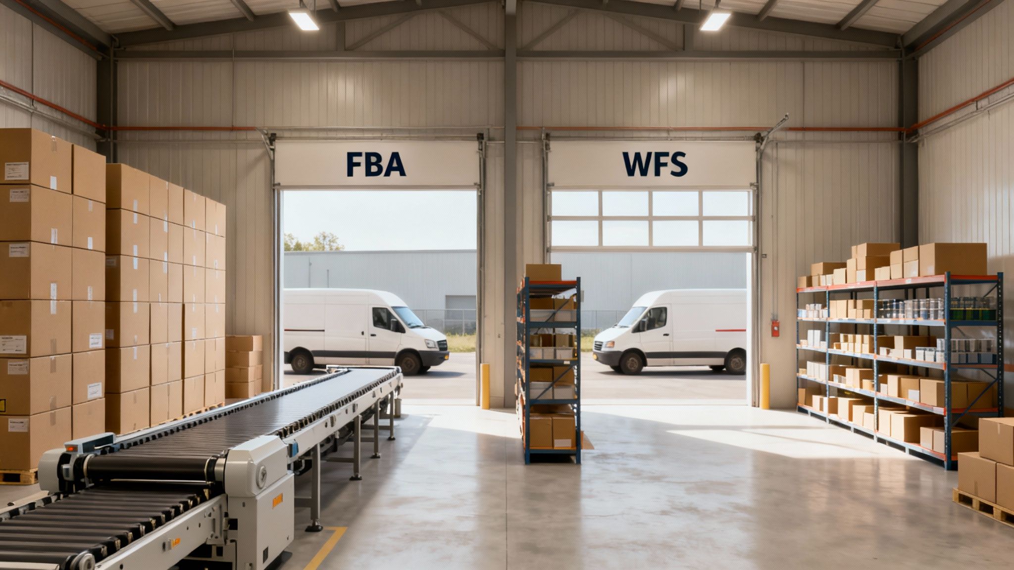 Warehouse interior showing FBA and WFS doors, delivery vans, conveyor belt, and product shelving.