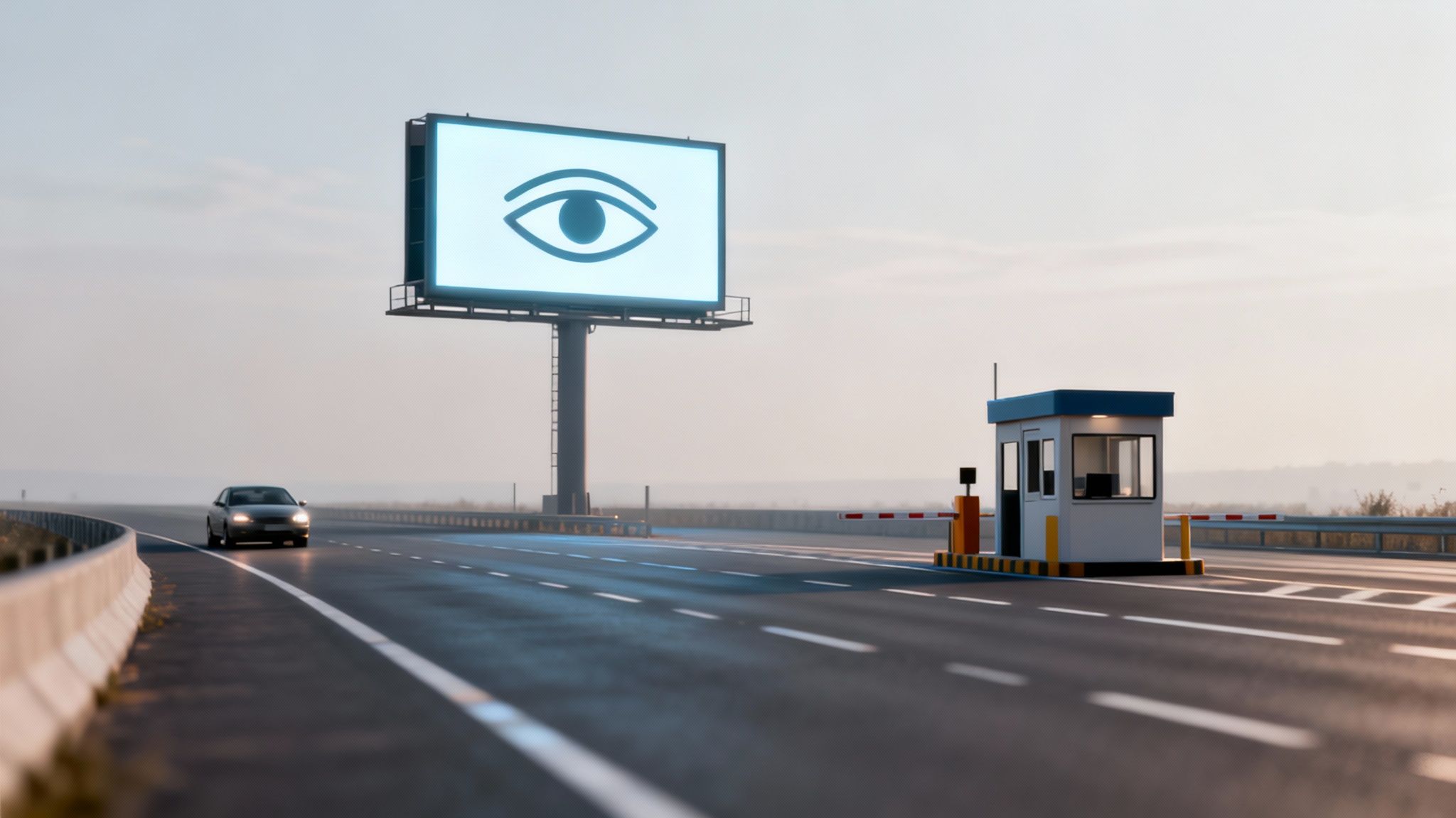 A car approaches a toll booth and a digital billboard displaying an eye icon on a highway.