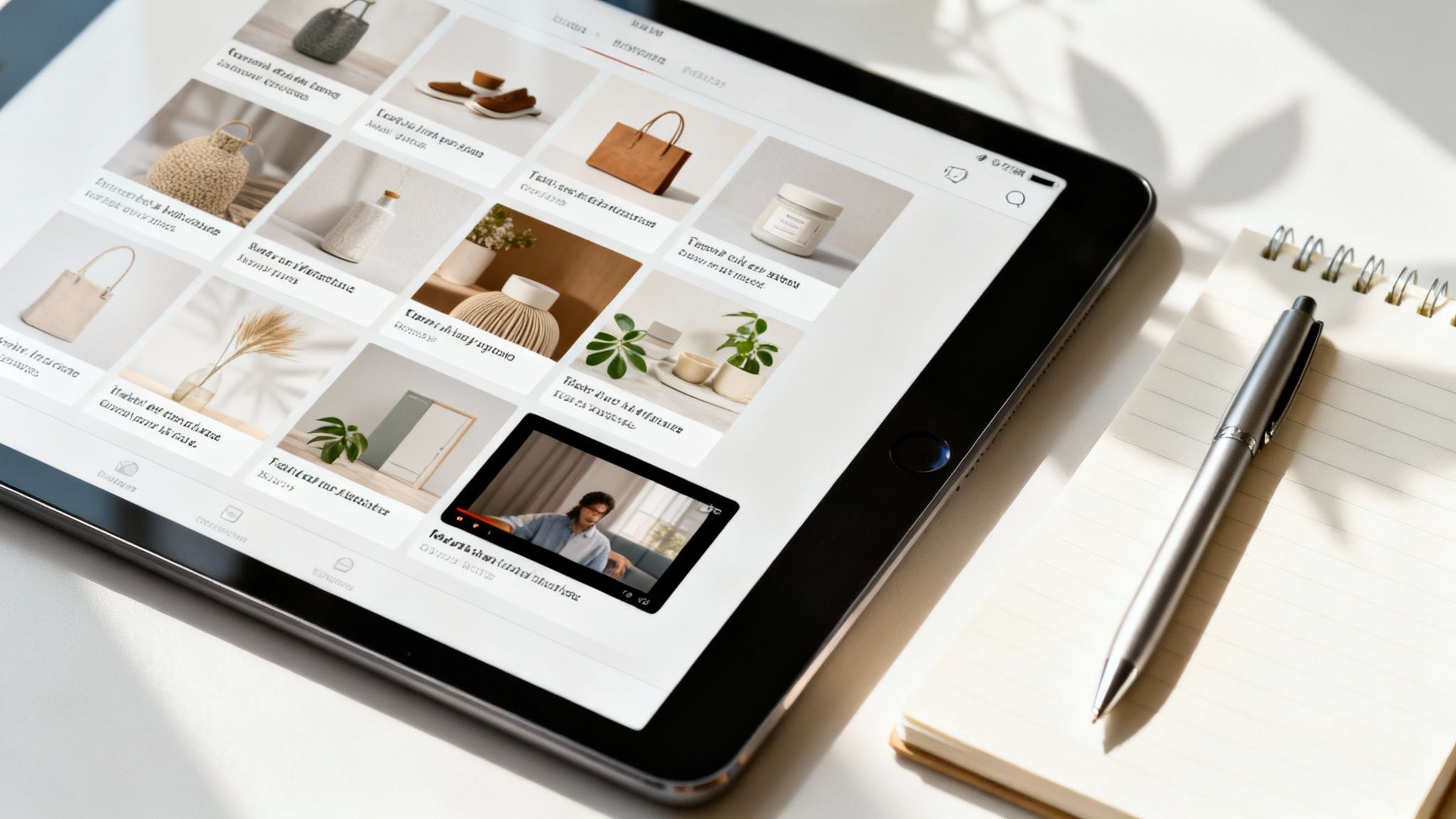 A tablet displaying an e-commerce website with products, beside a pen and notebook on a desk.