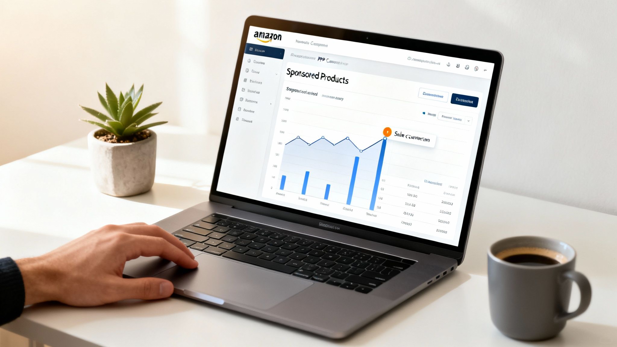 A person's hand on a laptop displaying an Amazon Sponsored Products sales dashboard.