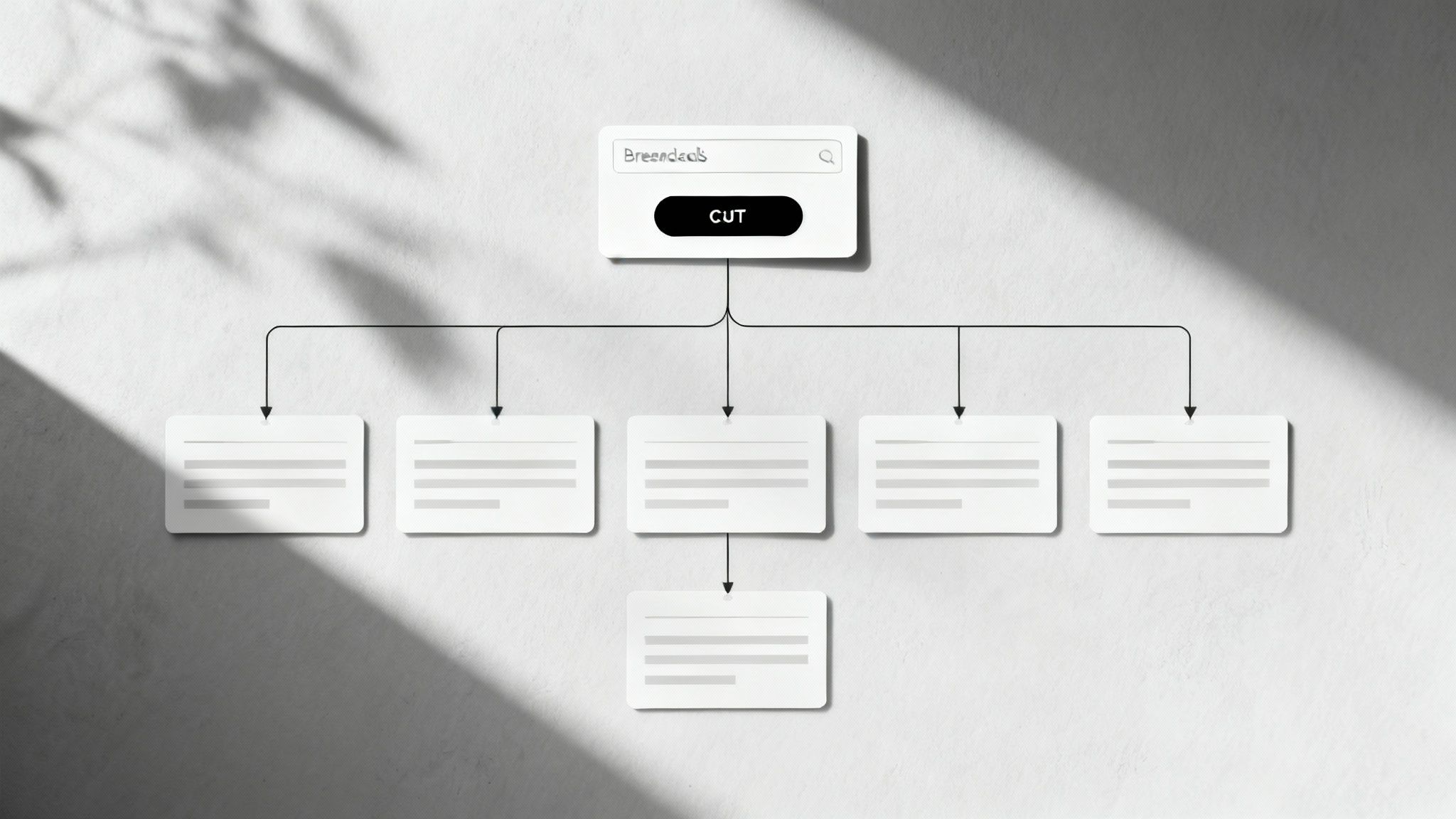 Diagram of a website structure with a search bar labeled 'Breendeals' and a 'CUT' button, showing interconnected content nodes.
