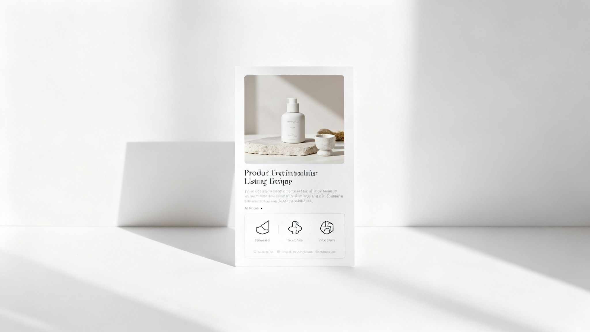 Minimalist white product listing card featuring a cosmetic bottle and small cup on a stone slab.