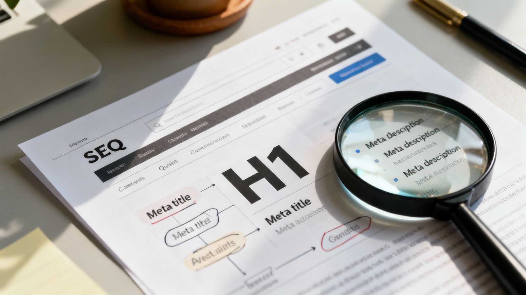SEO document with magnifying glass highlighting meta description and HTML elements on desk