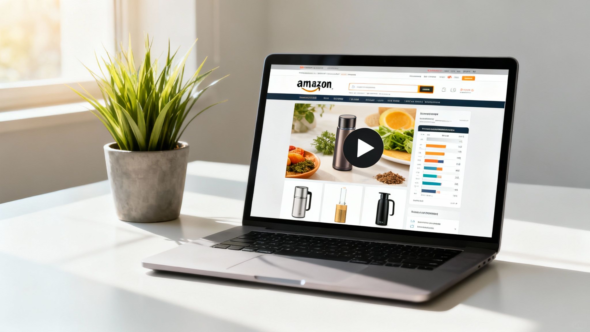 A laptop on a white desk displaying an Amazon product page for thermoses, next to a potted plant.