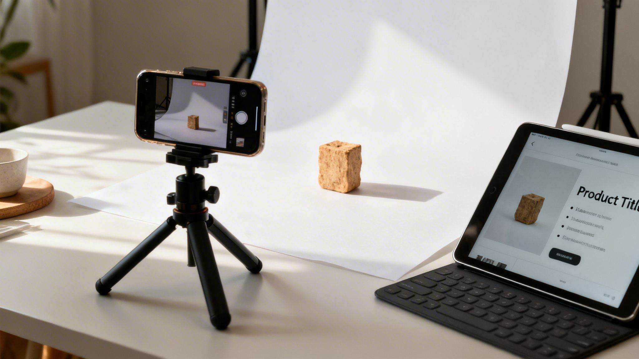 A smartphone on a tripod records a product on a white backdrop, with an iPad displaying product details.