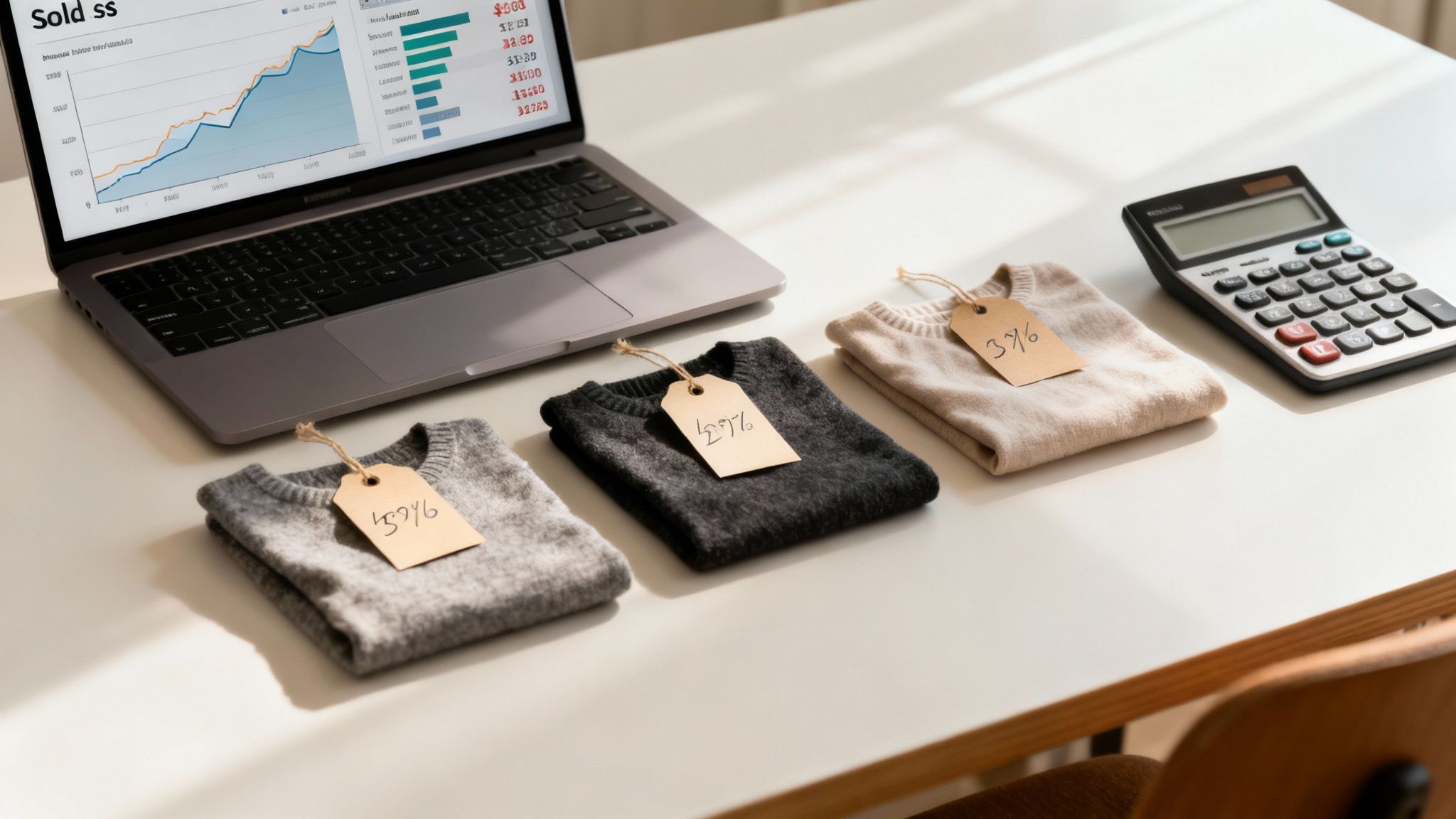 A desk with a laptop displaying sales charts, three sweaters with discount tags, and a calculator.