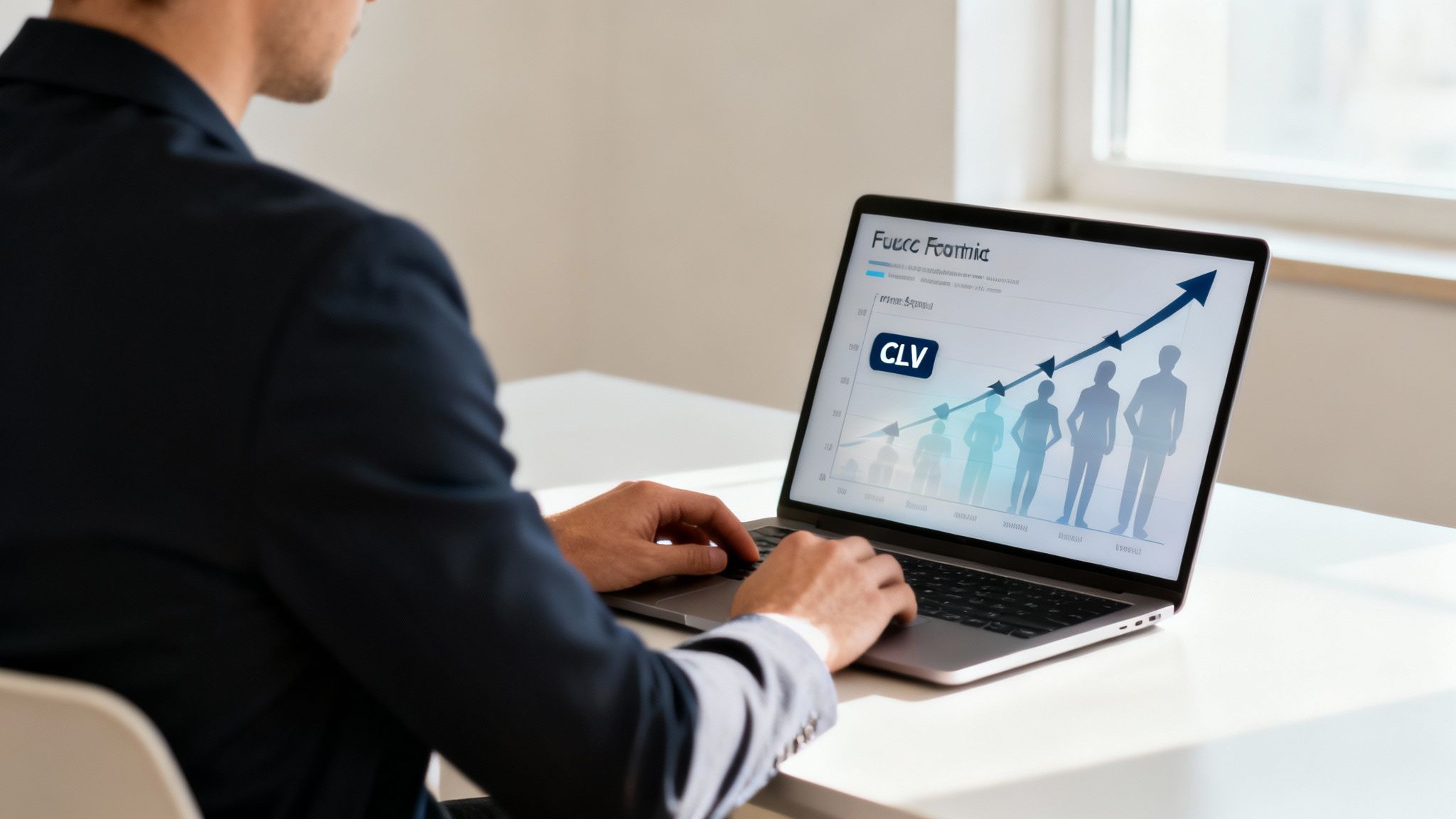 A person in a suit works on a laptop showing a graph with increasing customer value (CLV).