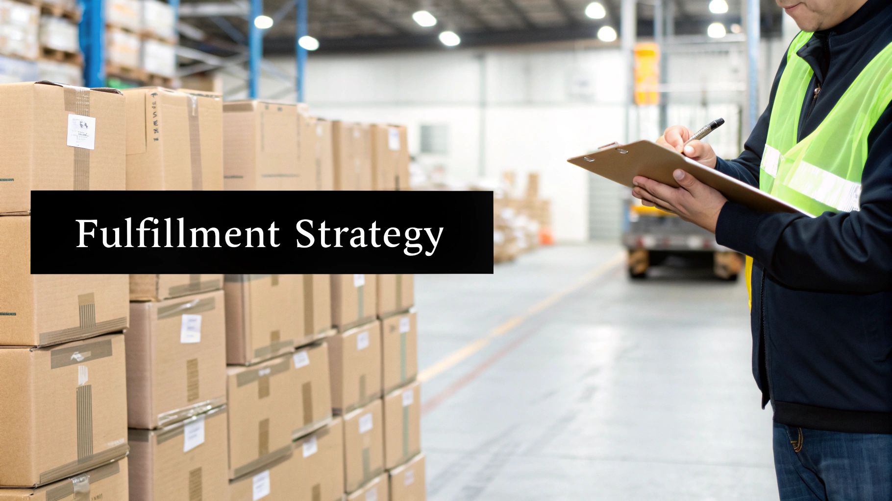 A modern warehouse with conveyor belts and packages, representing an efficient fulfillment center.